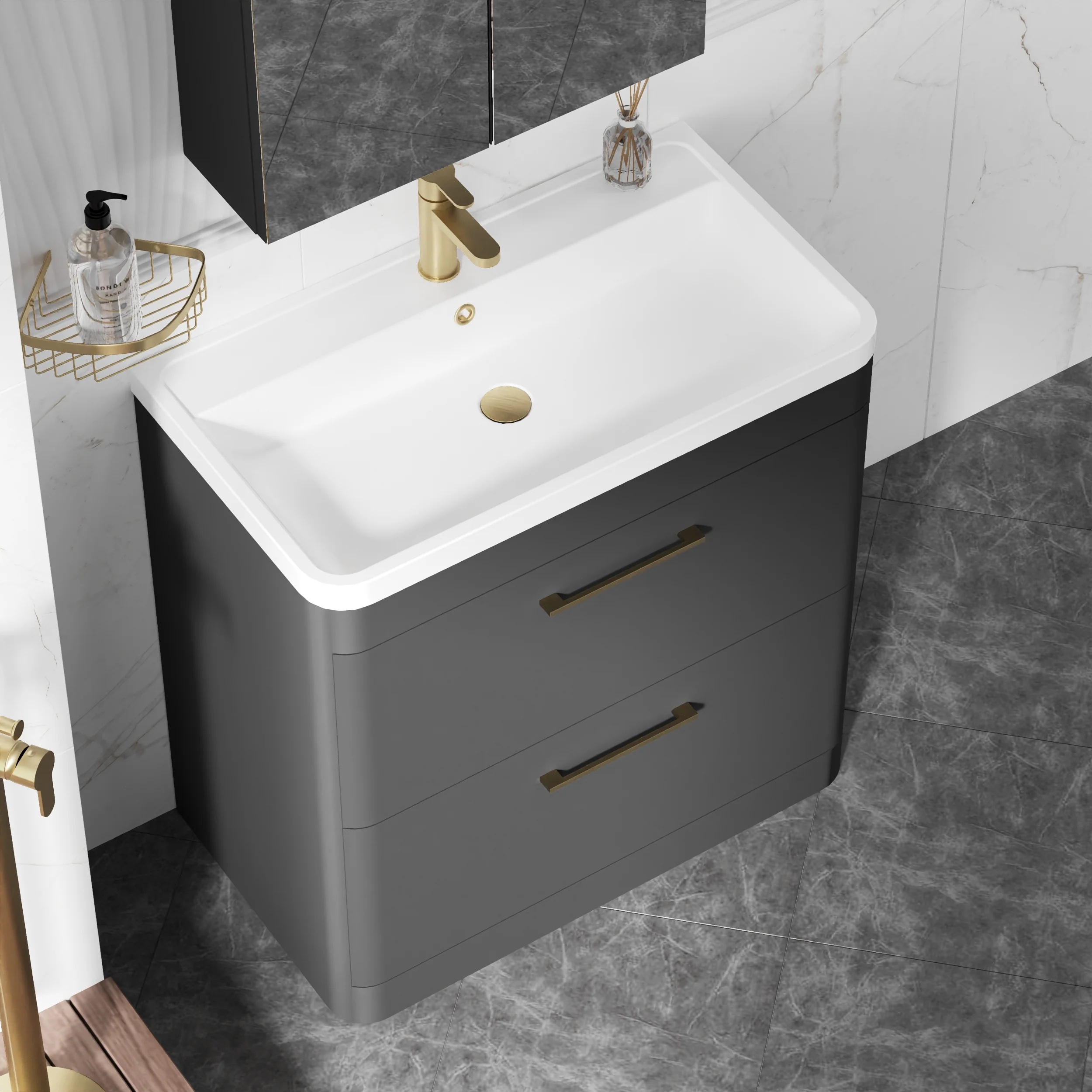 Pride 800mm Floor Standing 2-Drawer Cabinet & Polymarble Basin - Soft Black - Image 6