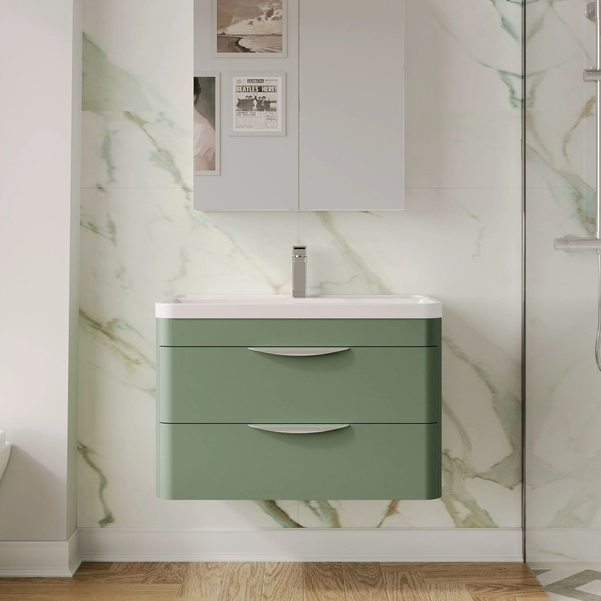 Pride 800mm Wall Hung 2-Drawer Basin Vanity Unit - Satin Green - Image 2