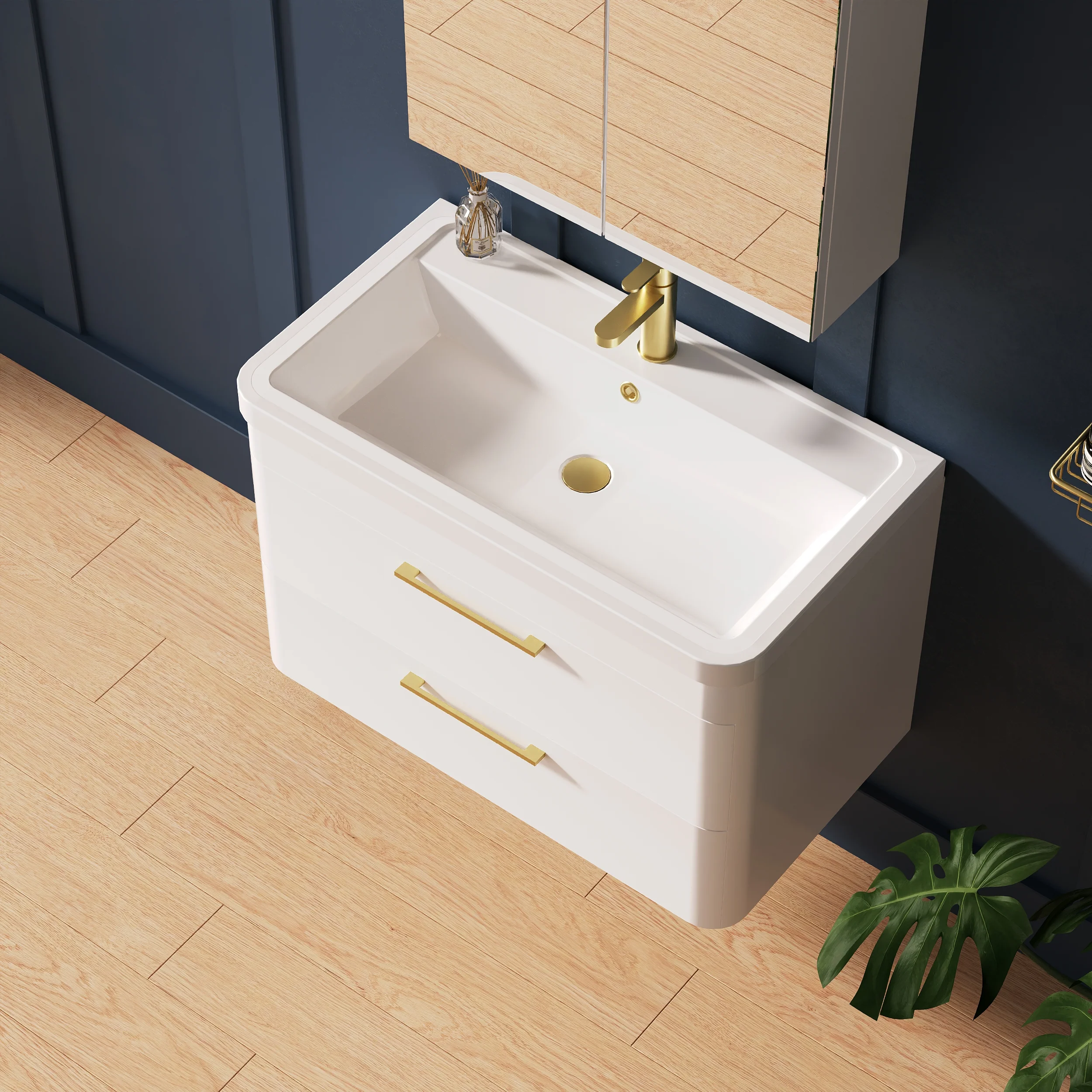 Pride 800mm Wall Hung Cabinet & Polymarble Basin - Gloss White - Image 4