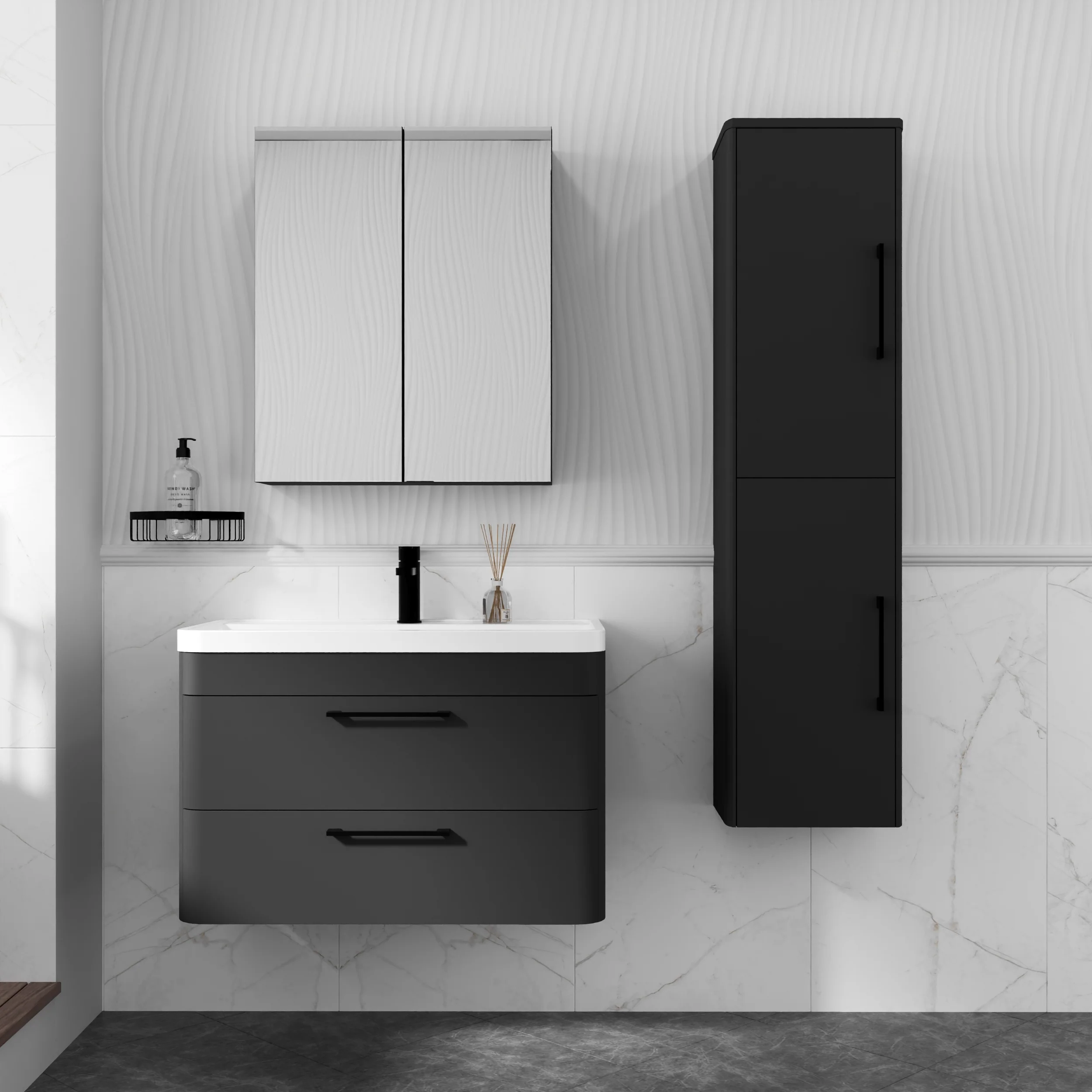 Pride 800mm Wall Hung Cabinet & Polymarble Basin - Soft Black - Image 10