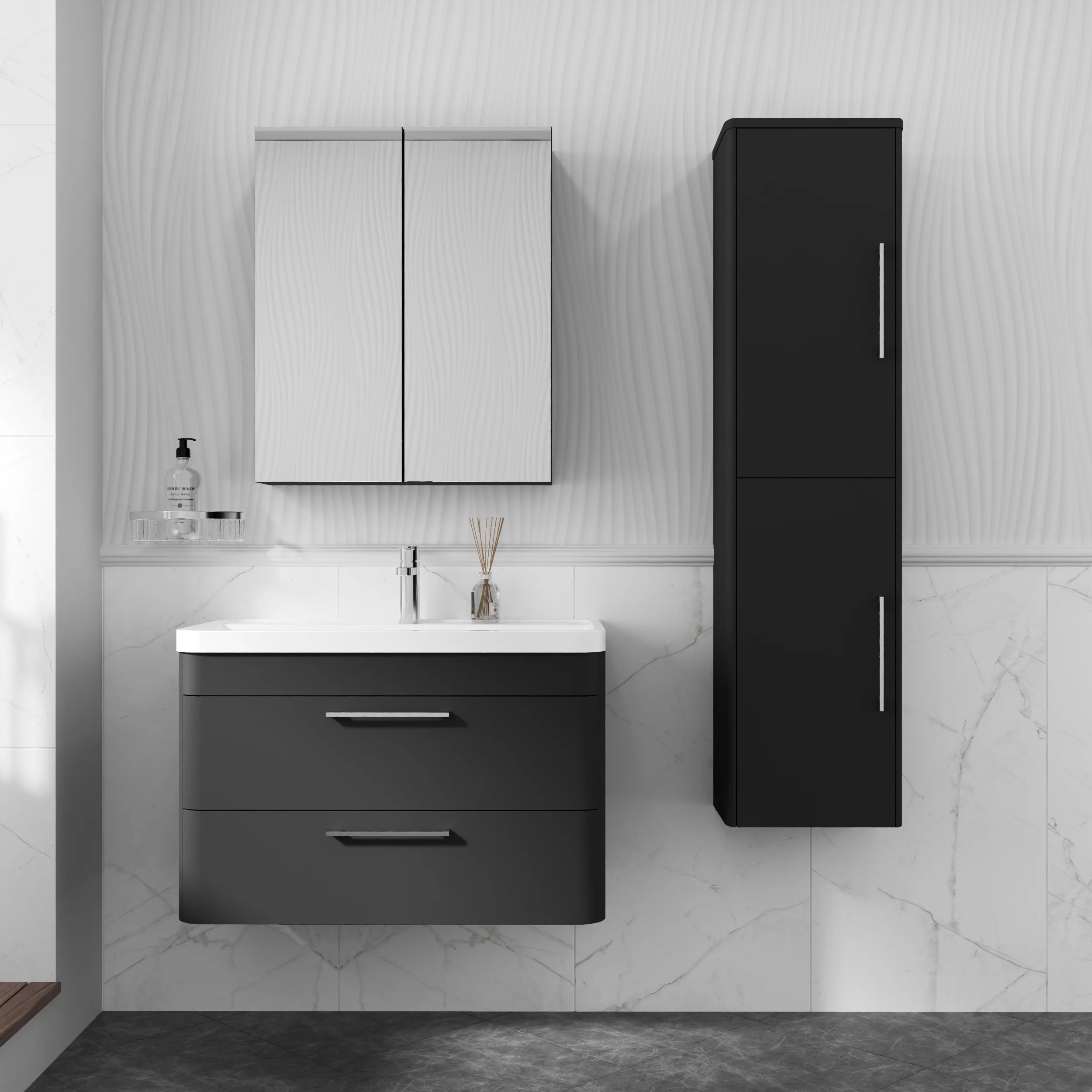 Pride 800mm Wall Hung Cabinet & Polymarble Basin - Soft Black - Image 12