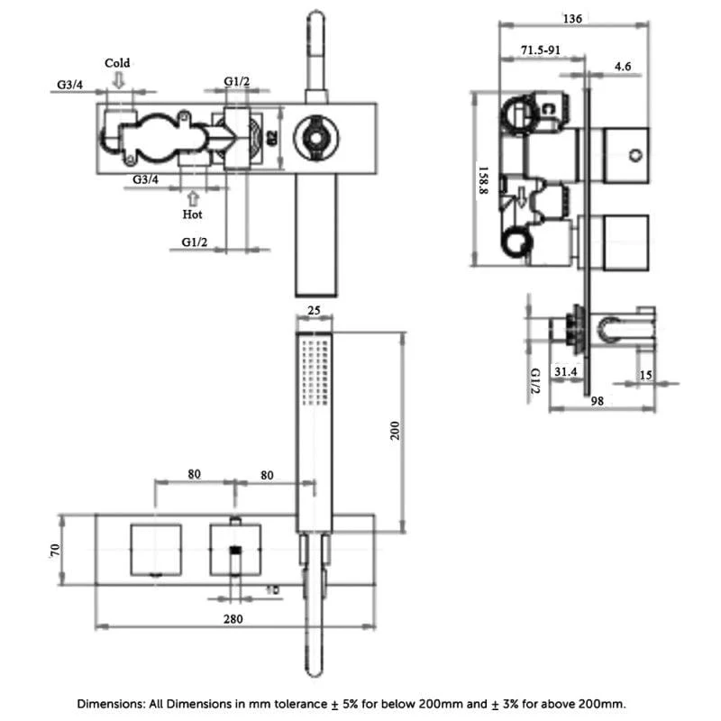 RAK Feeling Thermostatic Square Dual Outlet Concealed Shower Valve with Handset - Image 6