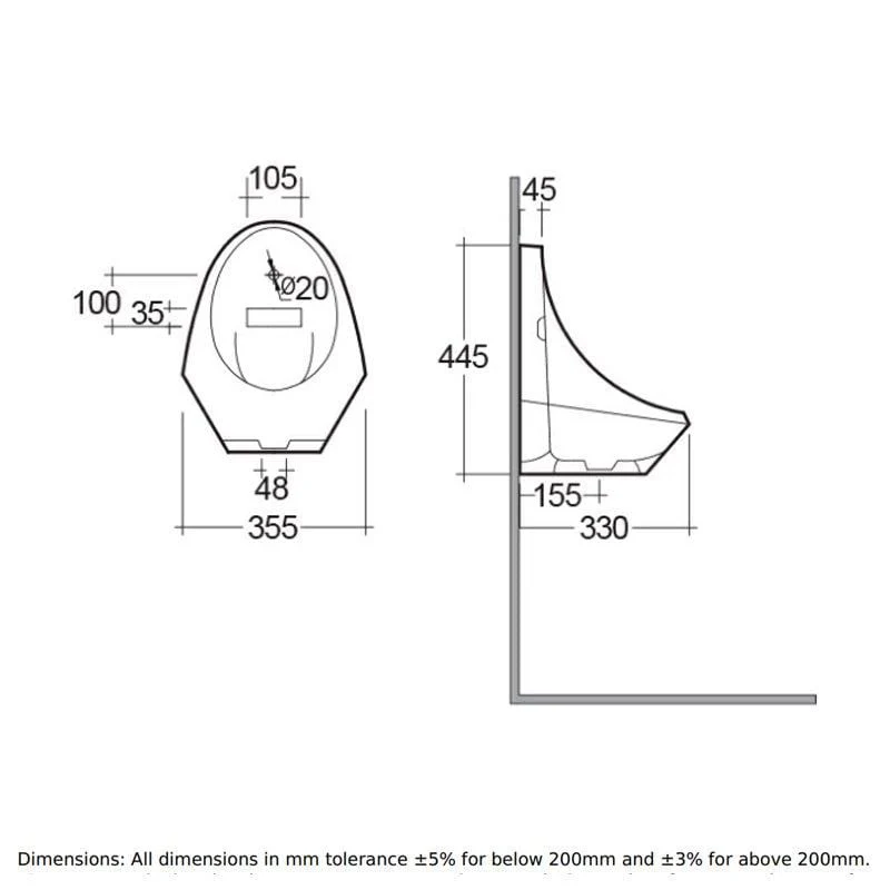 RAK Jazira 355mm Wall Hung Urinal White - Image 3
