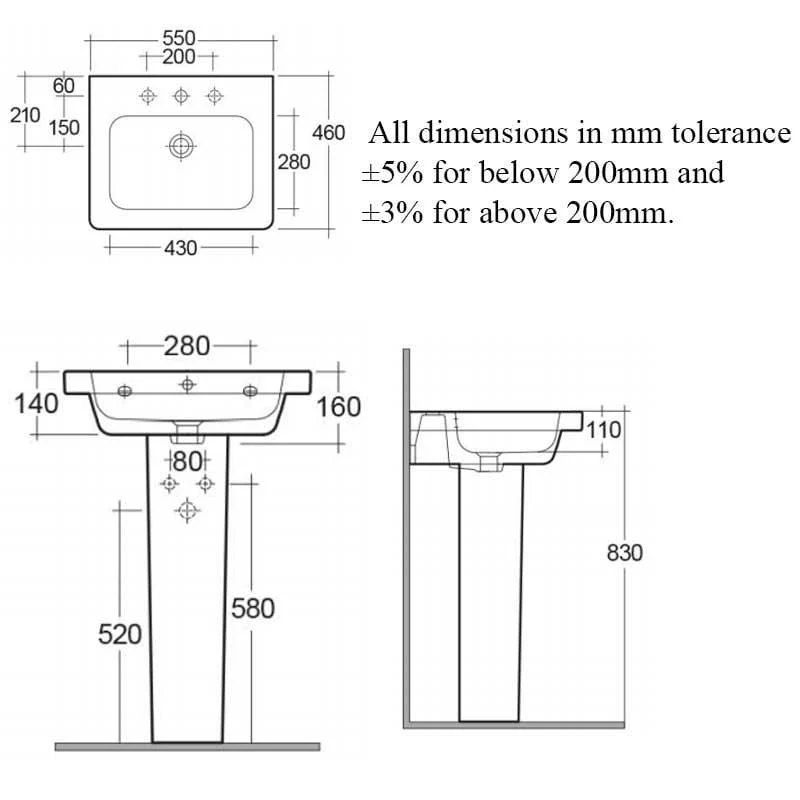 RAK Resort 1 Tap Hole 550mm Basin & Full Pedestal - Image 2