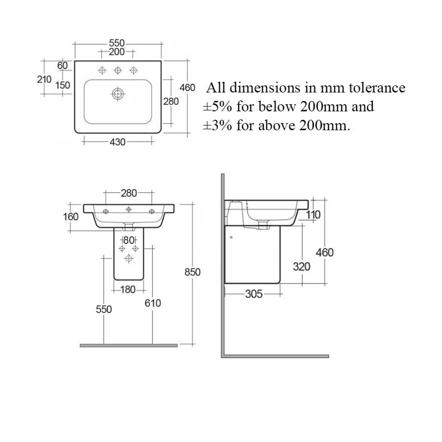 RAK Resort 550mm 1 Tap Hole Wash Basin & Semi Pedestal - Image 2