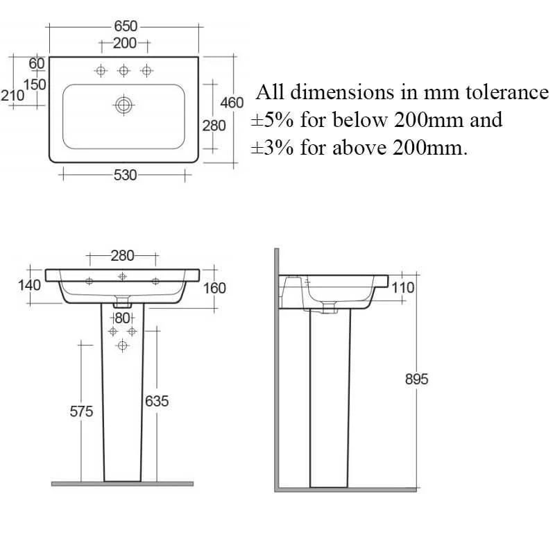 RAK Resort 650mm 1 Tap Hole Wash Basin & Full Pedestal - Image 2