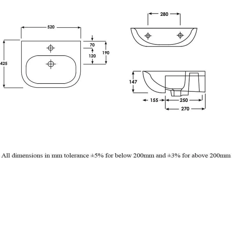 RAK Tonique Semi-Recessed Basin 520mm 1 Tap Hole - Image 3