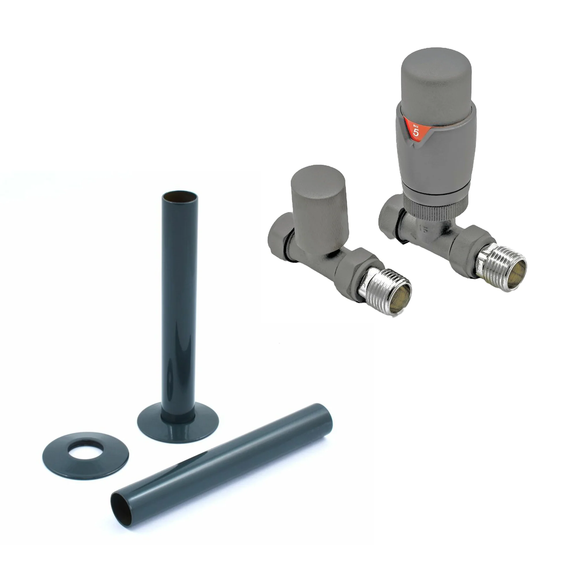 RAL7012 Thermostatic Radiator Round Valves with 130mm Pipe Sleeves - Straight