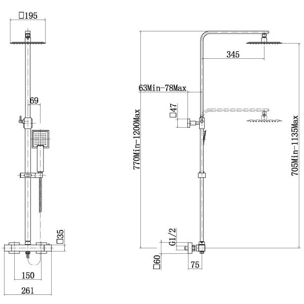 MATRIX SQUARE Exposed Rigid Riser Thermostatic Shower Set - Black - Image 2