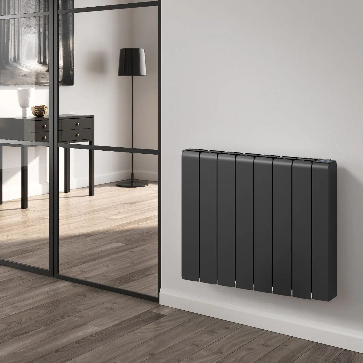 Reina Aron Horizontal Die Cast Ceramic (with WiFi) Electric Aluminium Radiator - 570 x 360mm - Black - Image 3