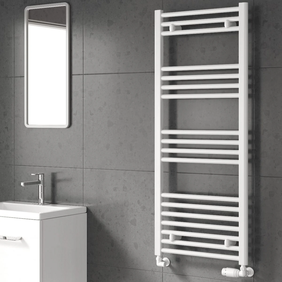 Reina Capo Vertical Flat Straight Heated Towel Rail - 800 x 600mm - White - Image 2