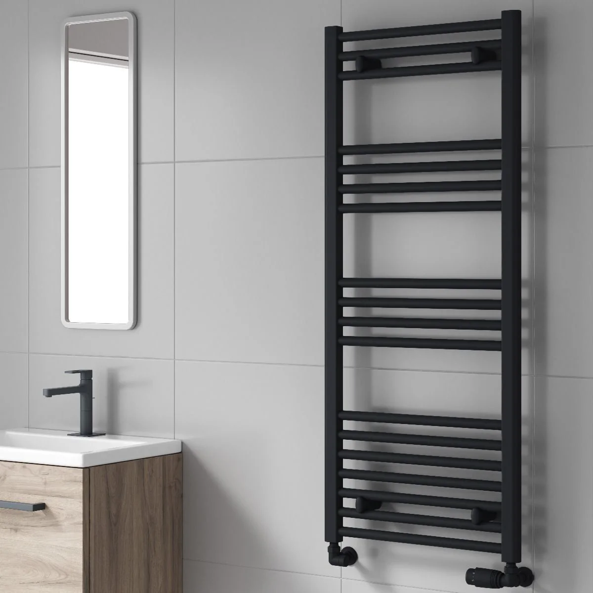 Reina Capo Vertical Flat Straight Heated Towel Rail - 800 x 400mm - Black - Image 2