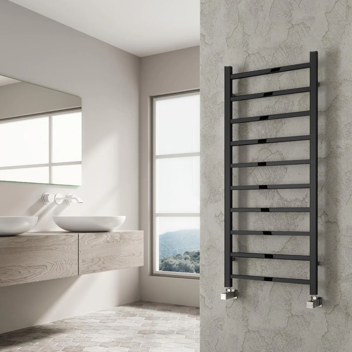 Reina Serena Vertical Square Tub Heated Towel Rail - 1200 x 500mm - Black