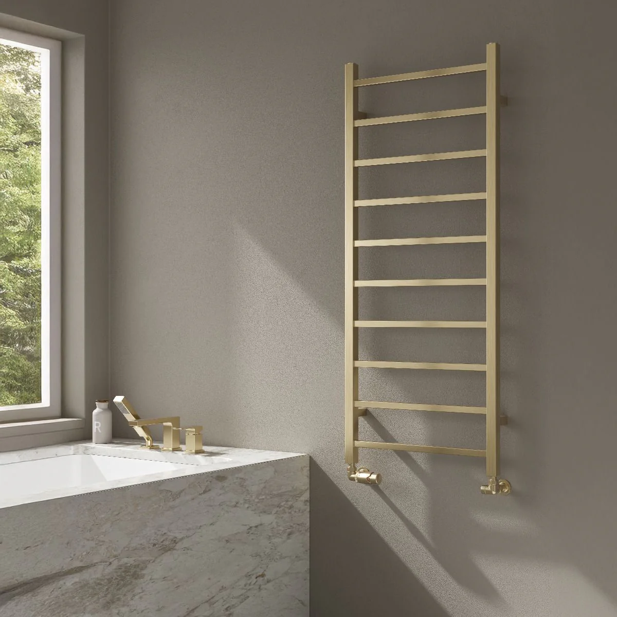 Reina Serena Vertical Square Tub Heated Towel Rail - 1200 x 500mm - Brushed Brass