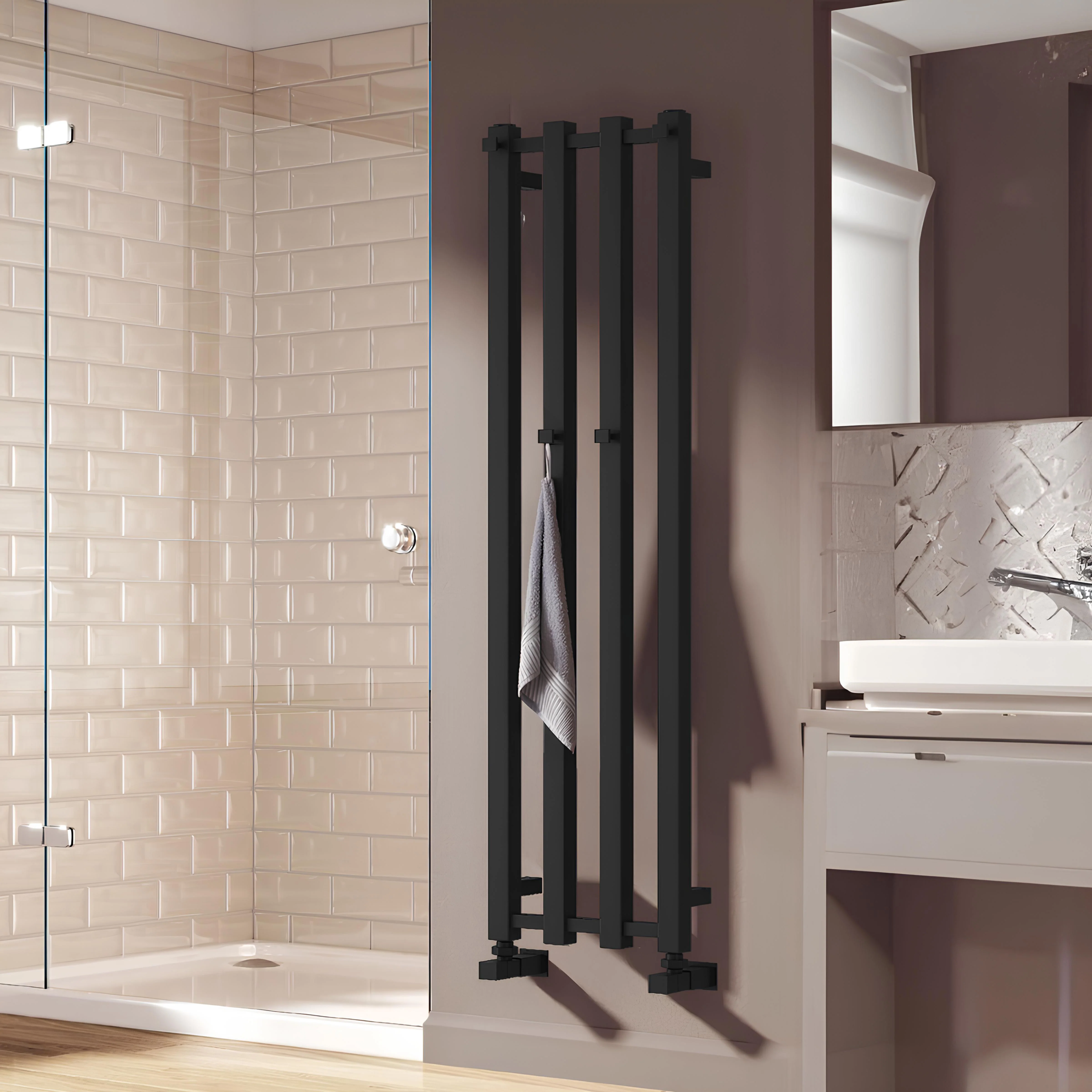 Reina Todi Vertical Steel Designer Towel Radiator - Black - 1200 x 108mm - Image 2