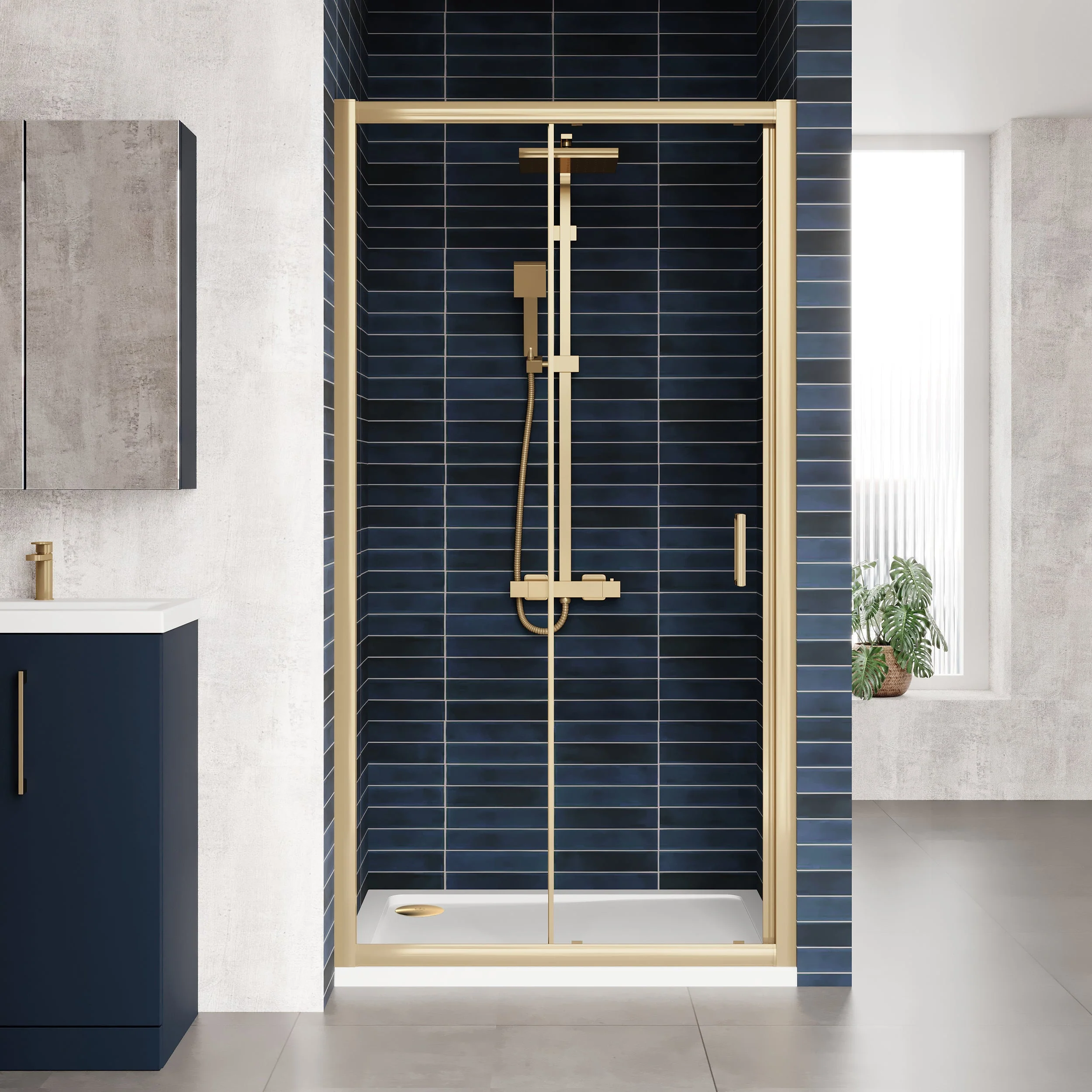 Rene Brushed Brass 1400 x 1900mm Sliding Shower Door - 6mm Glass