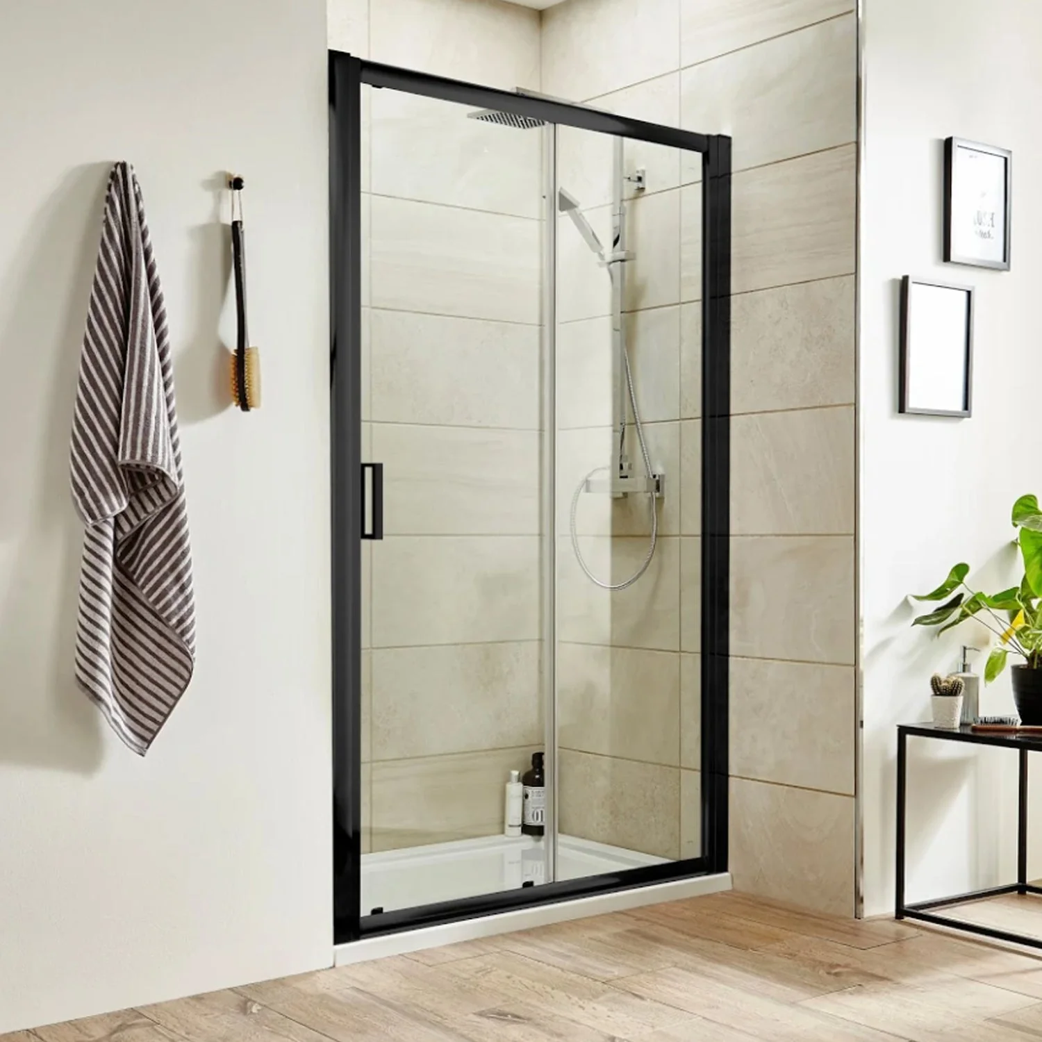 Rene Matt Black 1600 x 1900mm Sliding Shower Door - 6mm Glass