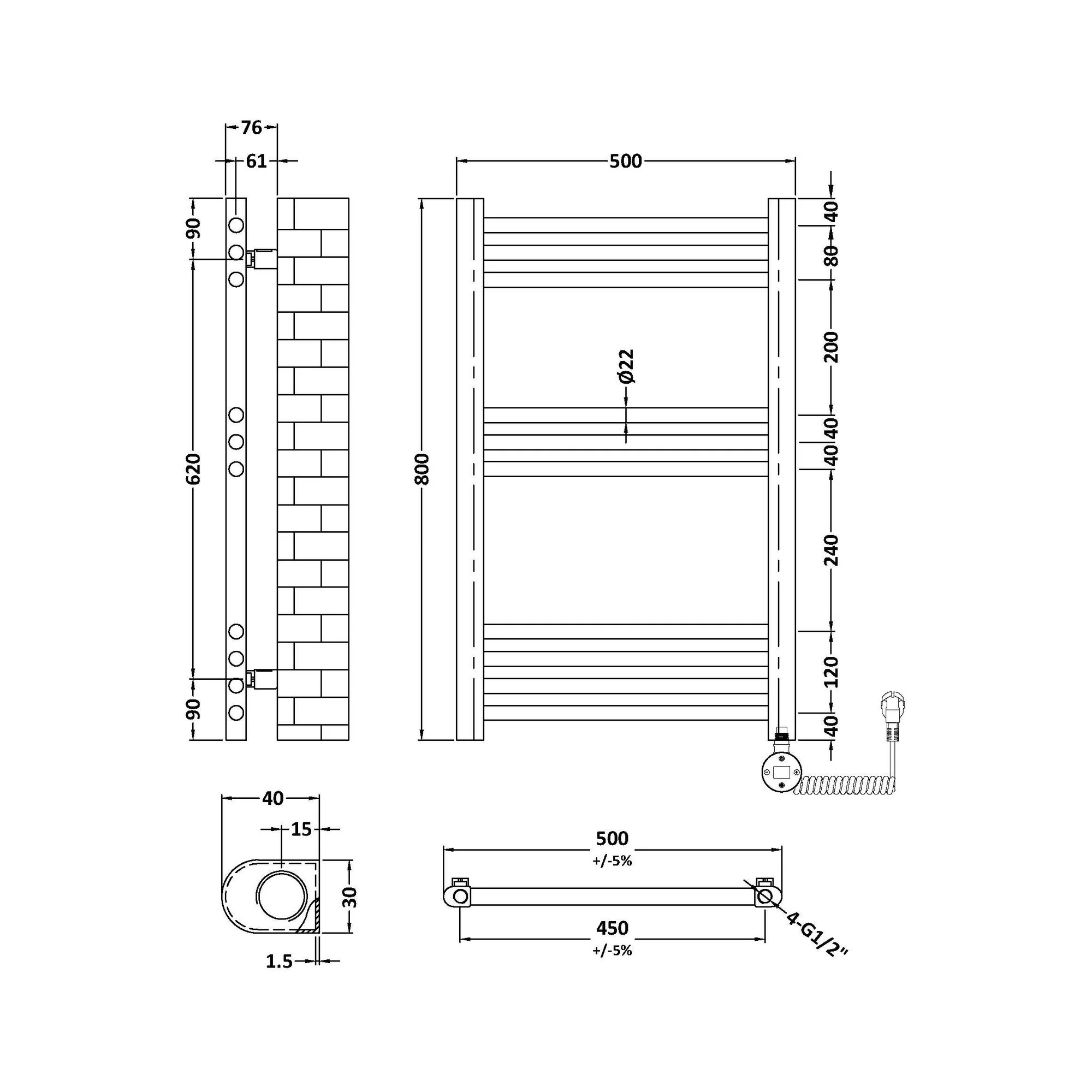 Nuie Round Straight Electric Towel Radiator 800x500 - Chrome - Image 3