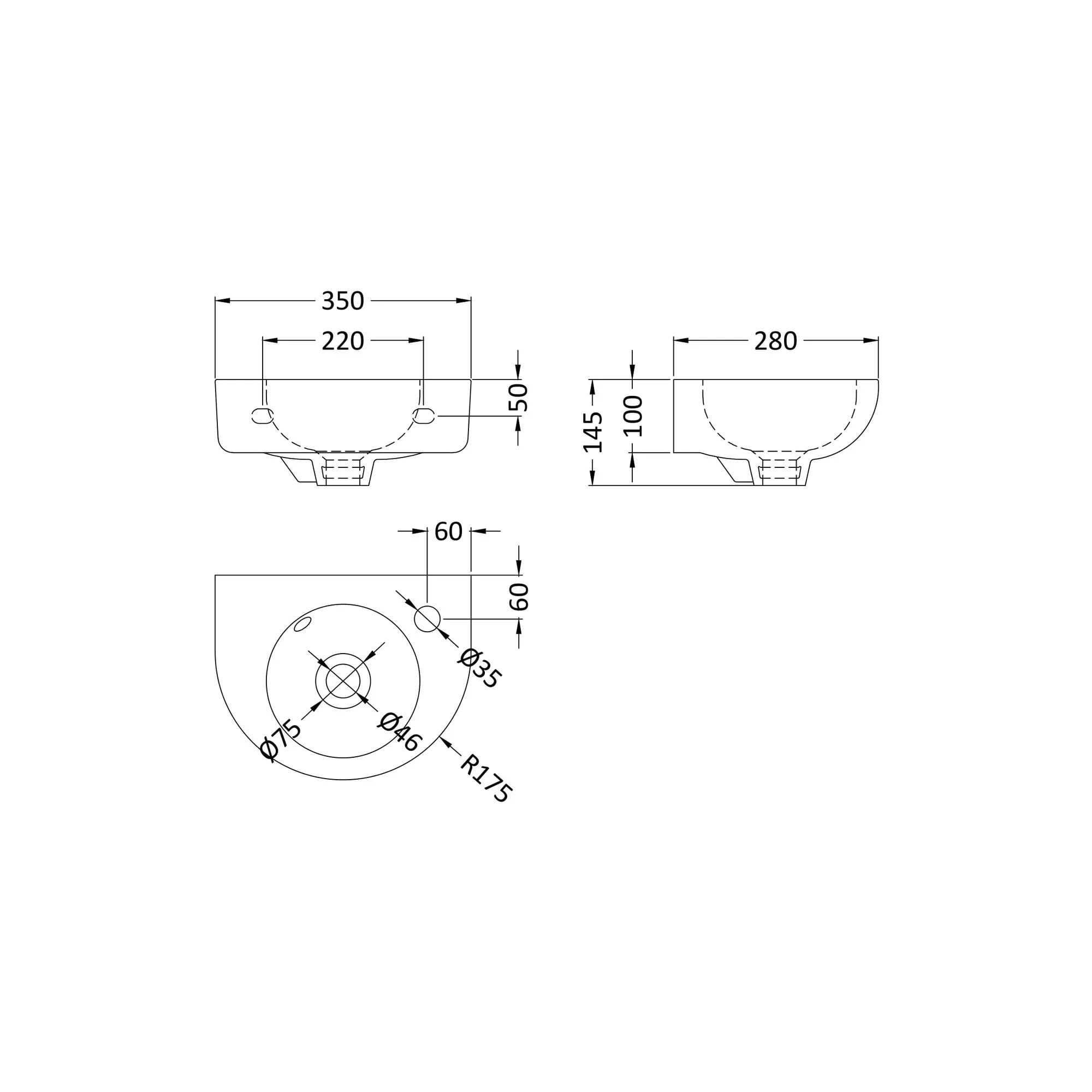 Round Wall Hung Cloakroom Basin 350mm Wide - Image 2