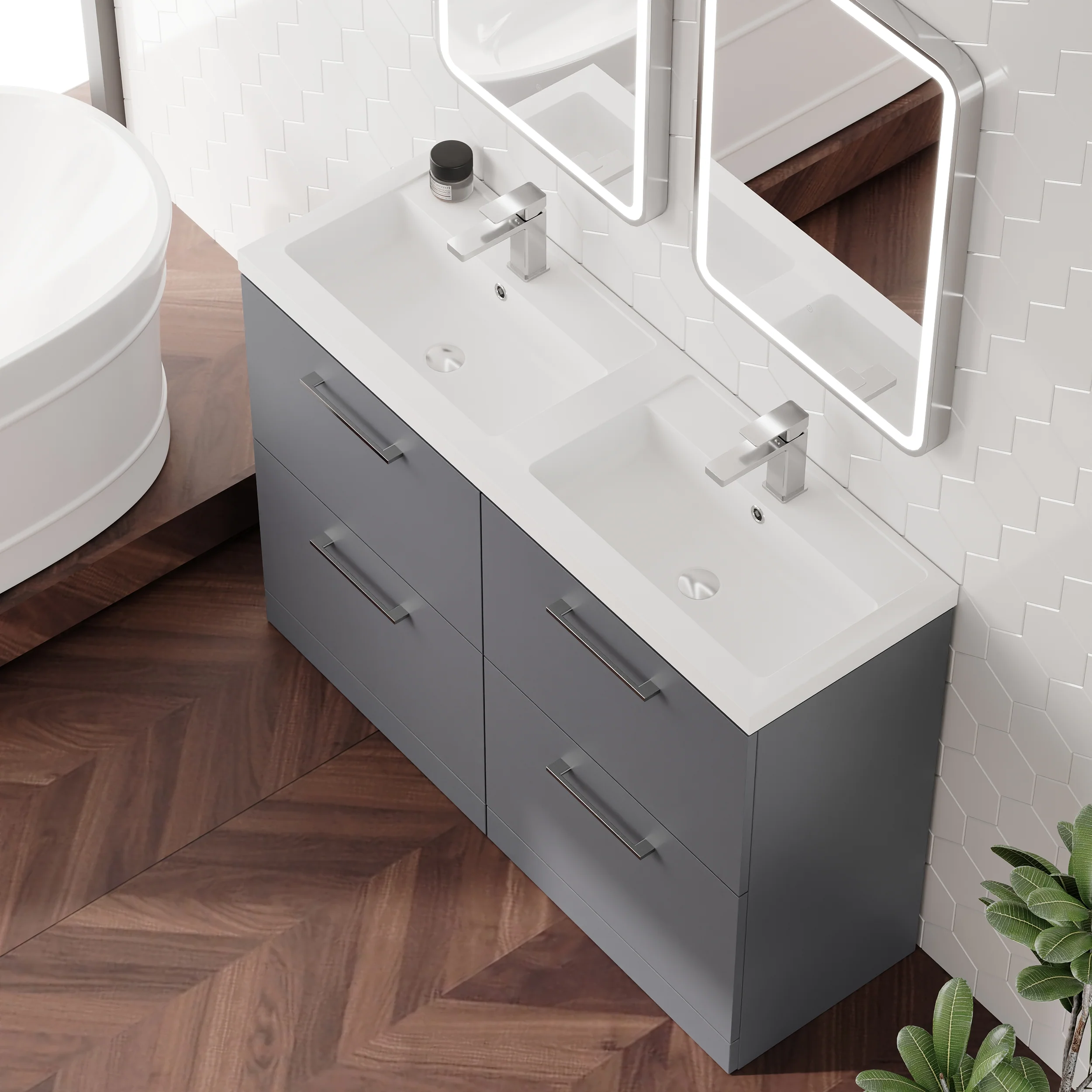Ryker 1200mm Floor Standing 4-Door Vanity & Double Polymarble Basin - Satin Grey - Image 6