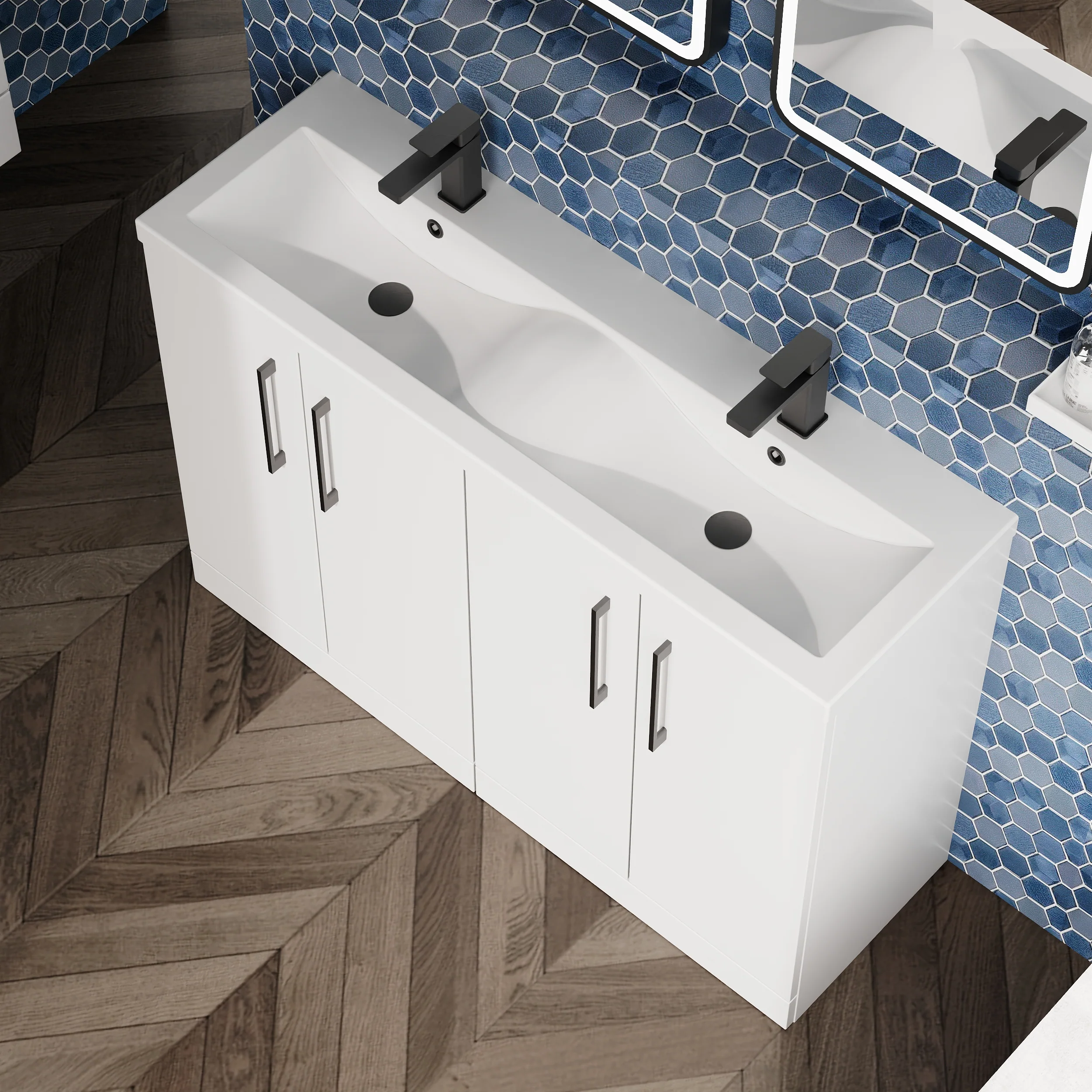 Ryker 1200mm Floor Standing 4-Door Vanity & Double Ceramic Basin - Gloss White - Image 5