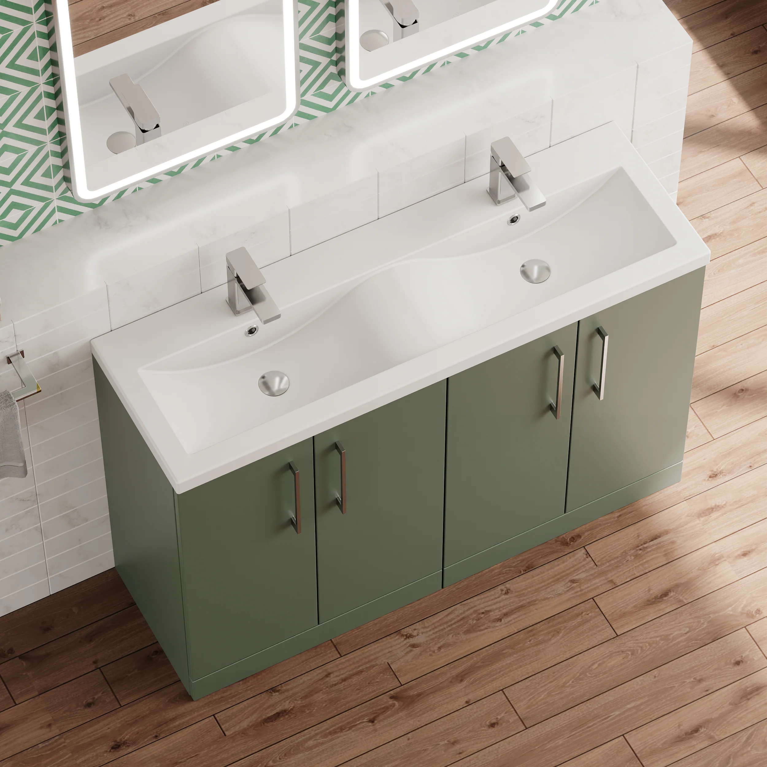 Ryker 1200mm Floor Standing 4-Door Vanity & Double Ceramic Basin - Satin Green - Image 4