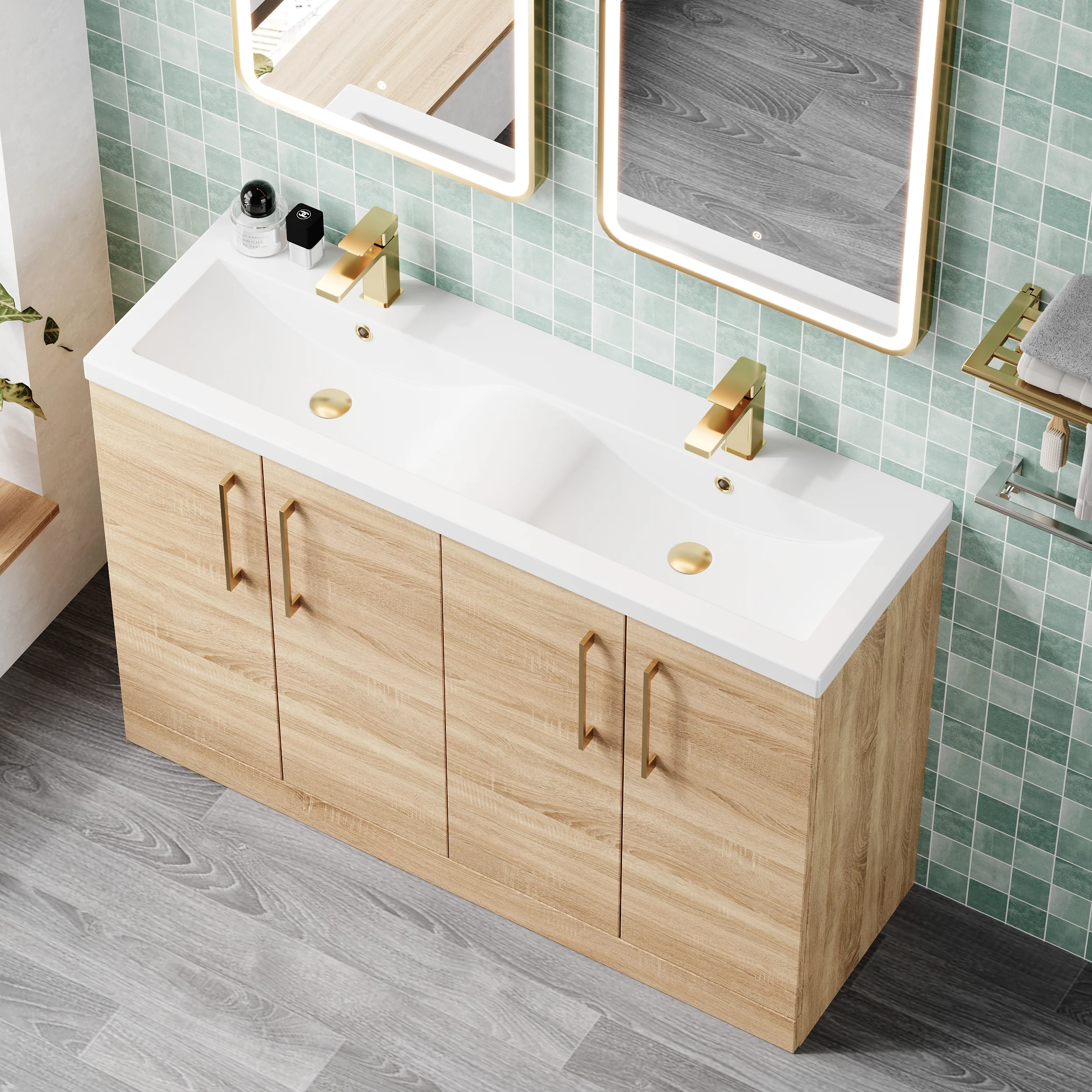 Ryker 1200mm Floor Standing 4-Door Vanity & Double Ceramic Basin - Bleached Oak - Image 5