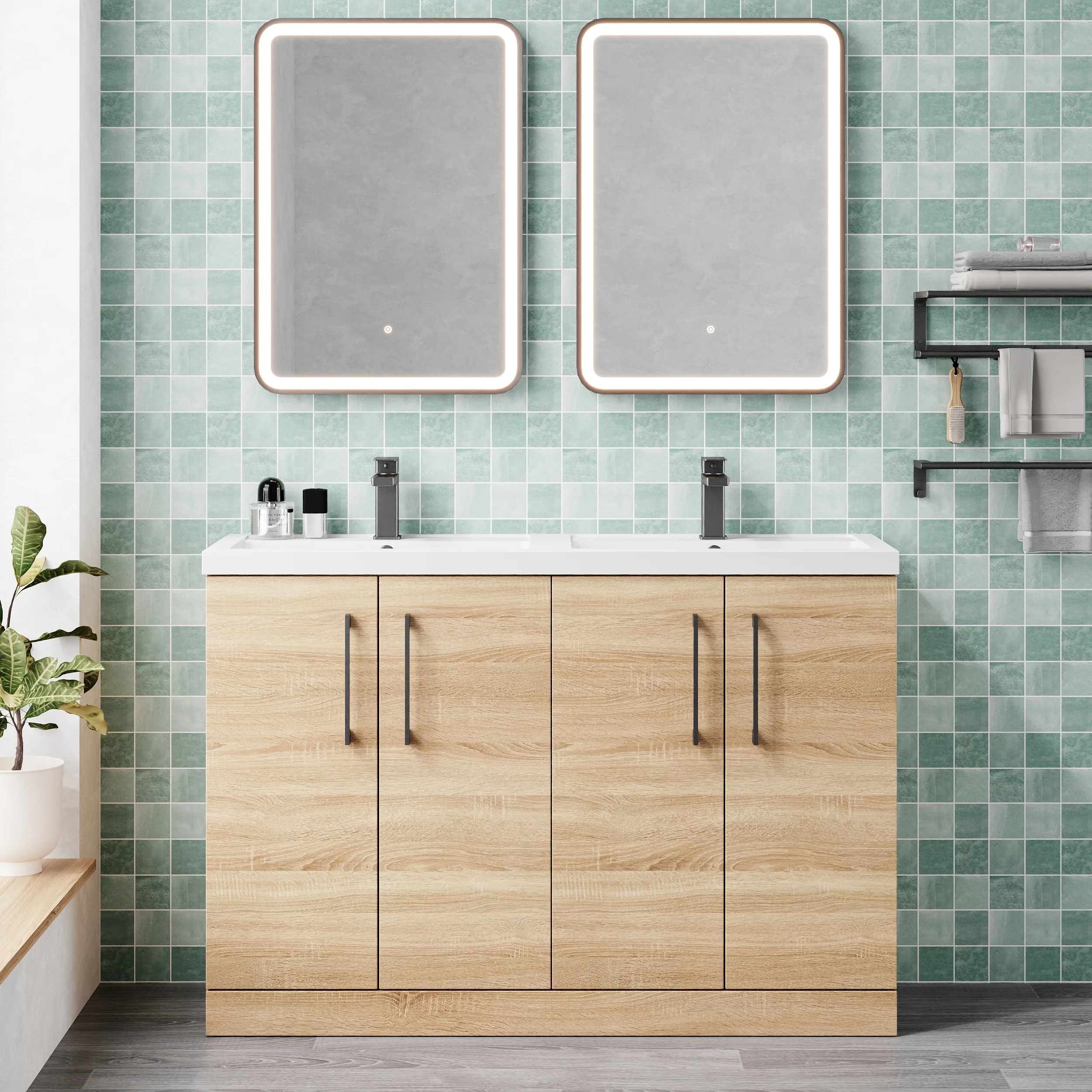 Ryker 1200mm Floor Standing 4-Door Vanity & Double Ceramic Basin - Bleached Oak