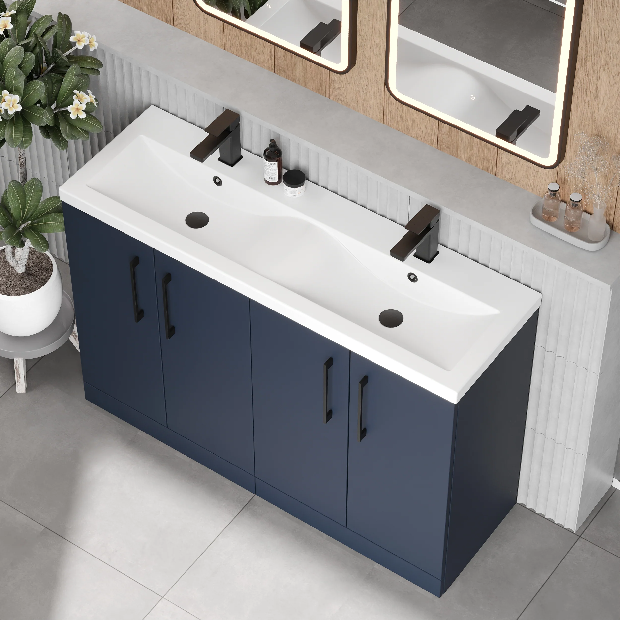 Ryker 1200mm Floor Standing 4-Door Vanity & Double Ceramic Basin - Midnight Blue - Image 2