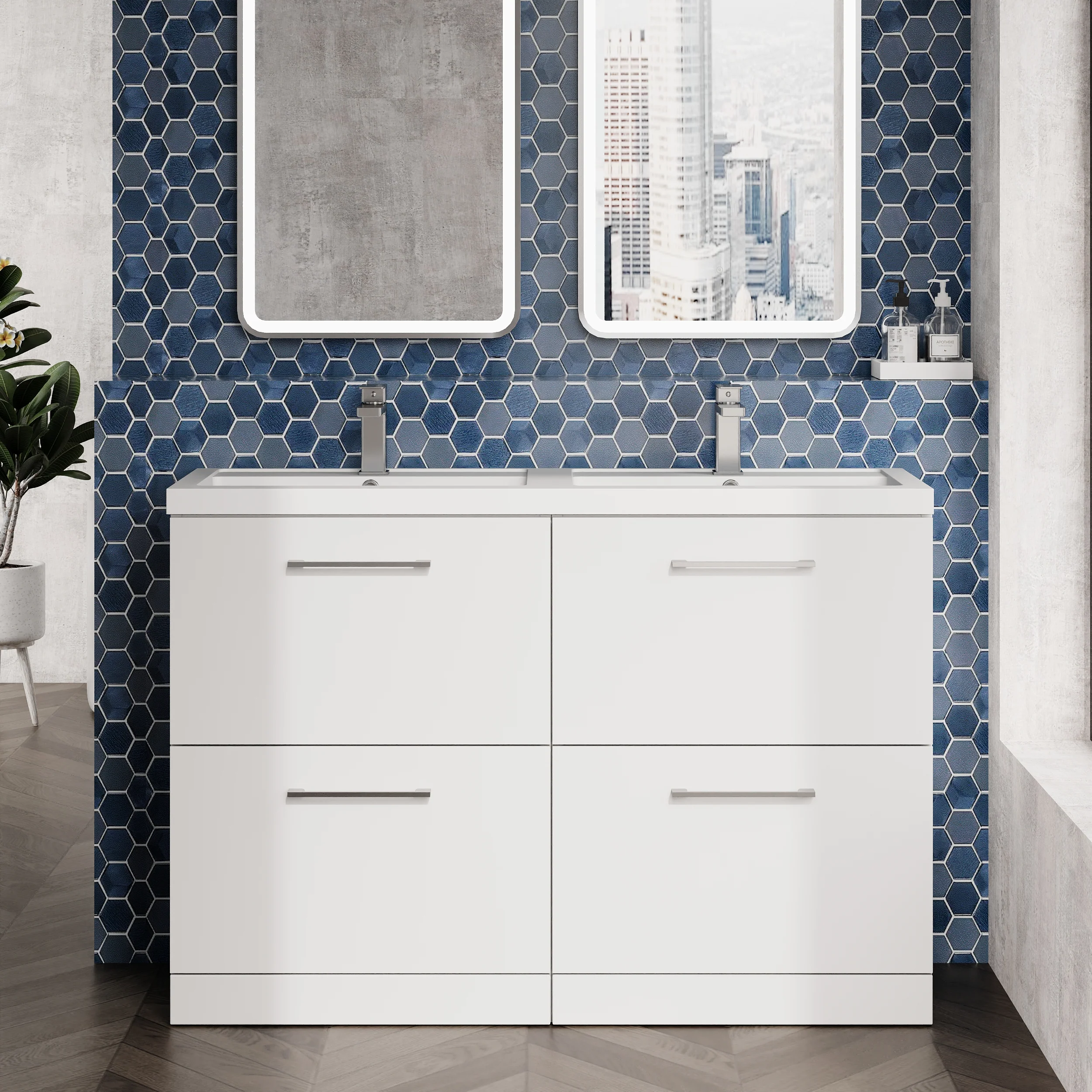 Ryker 1200mm Floor Standing 4-Drawer Vanity & Double Polymarble Basin - Gloss White - Image 6