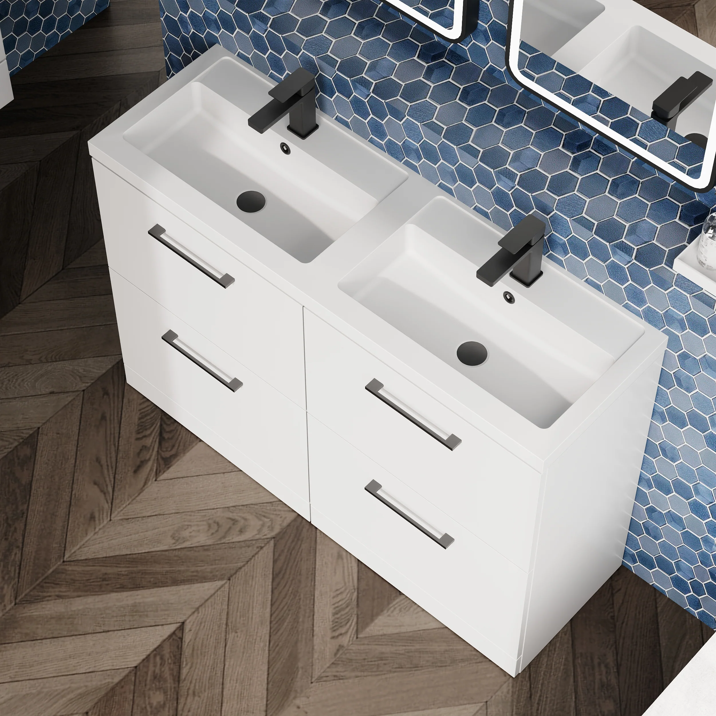 Ryker 1200mm Floor Standing 4-Drawer Vanity & Double Ceramic Basin - Gloss White - Image 4