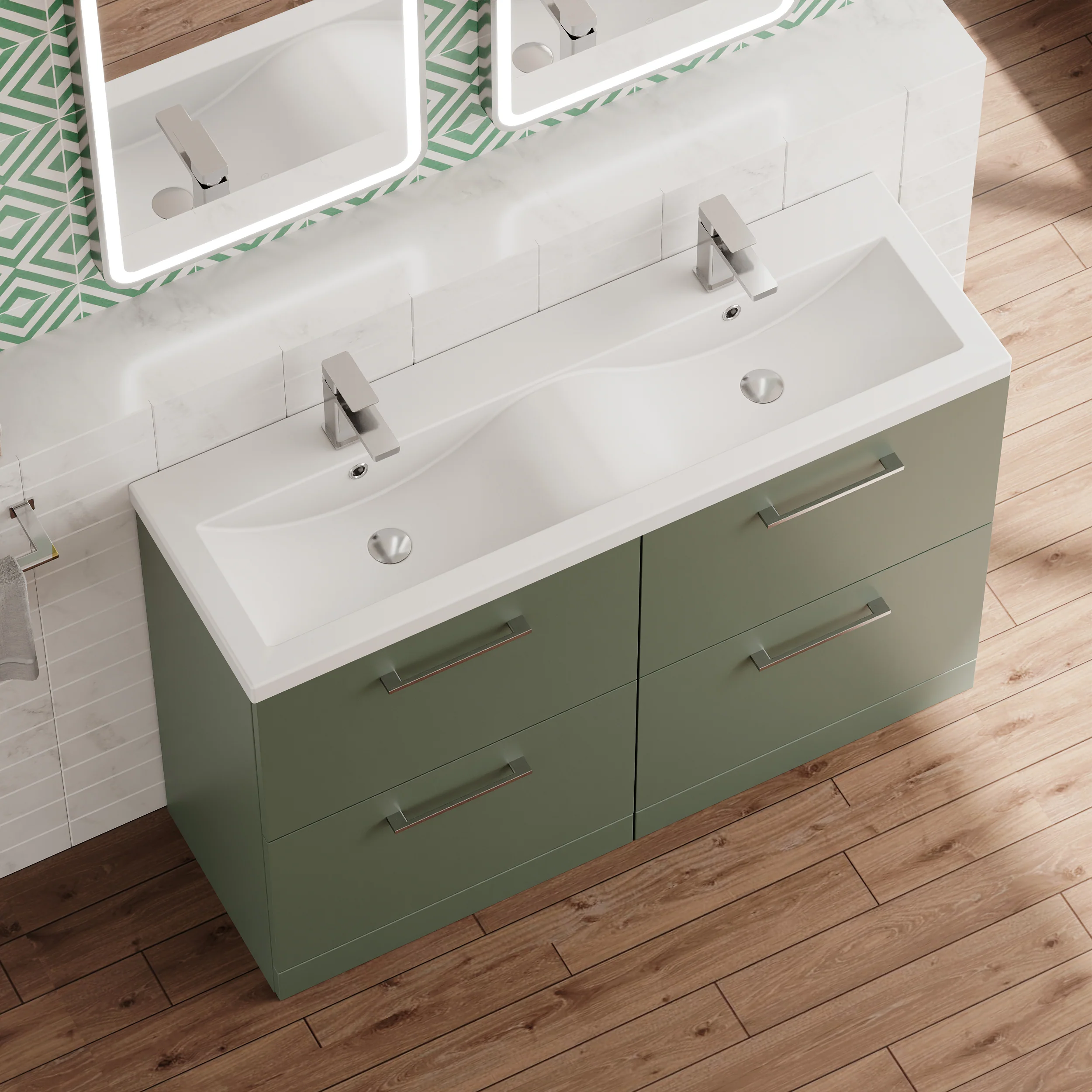 Ryker 1200mm Floor Standing 4-Drawer Vanity & Double Ceramic Basin - Satin Green - Image 4