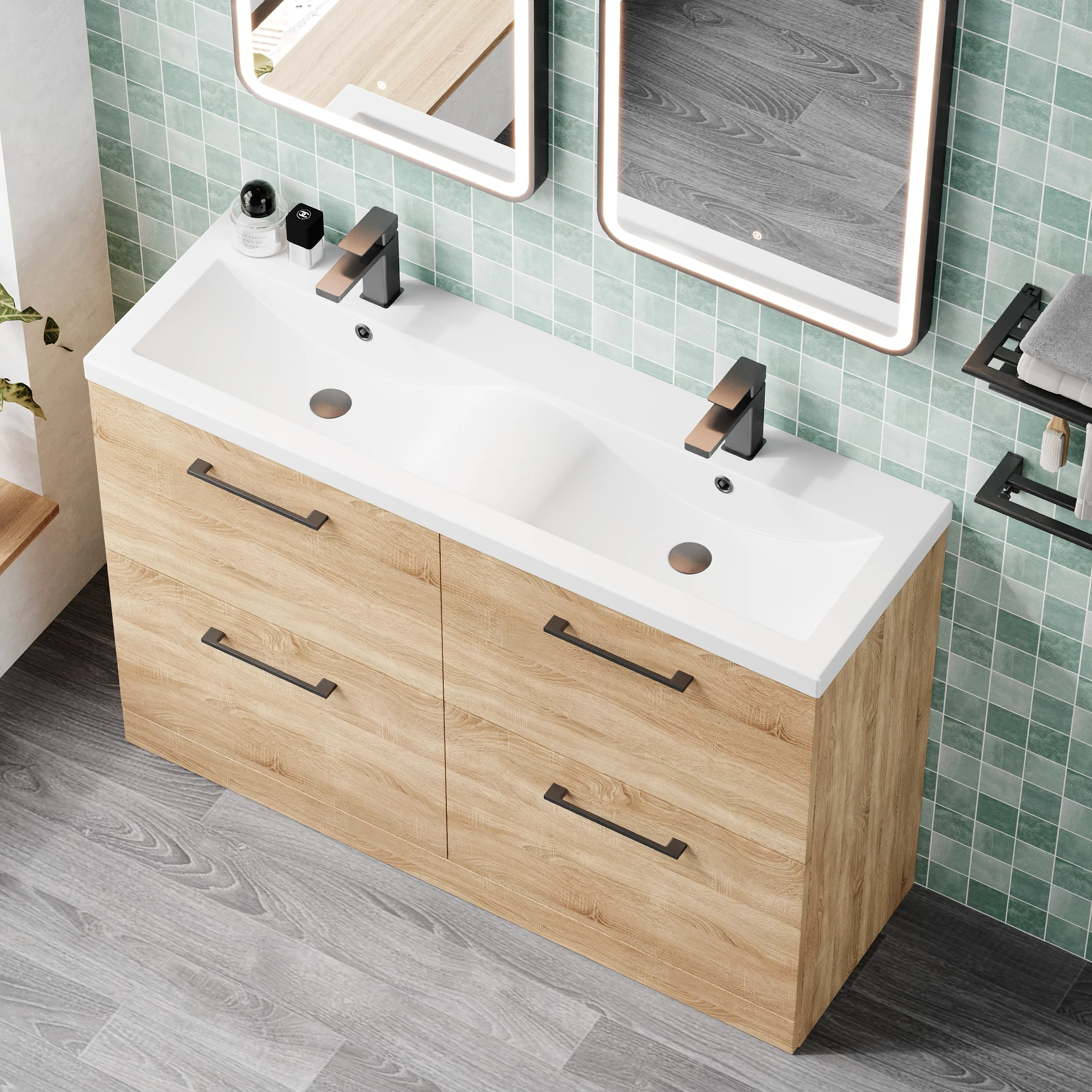 Ryker 1200mm Floor Standing 4-Drawer Vanity & Double Ceramic Basin - Bleached Oak - Image 4