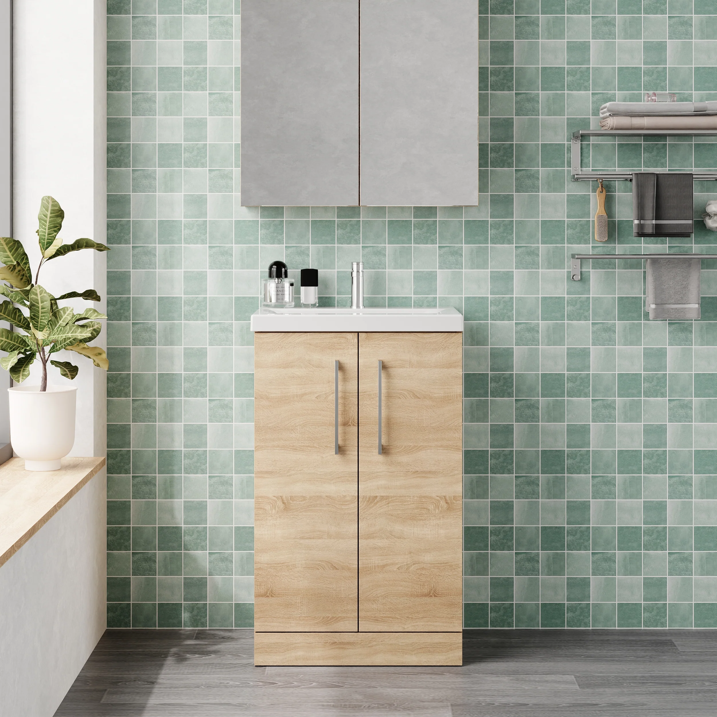Ryker 500mm Floor Standing 2-Door Vanity & Basin 1 - Bleached Oak