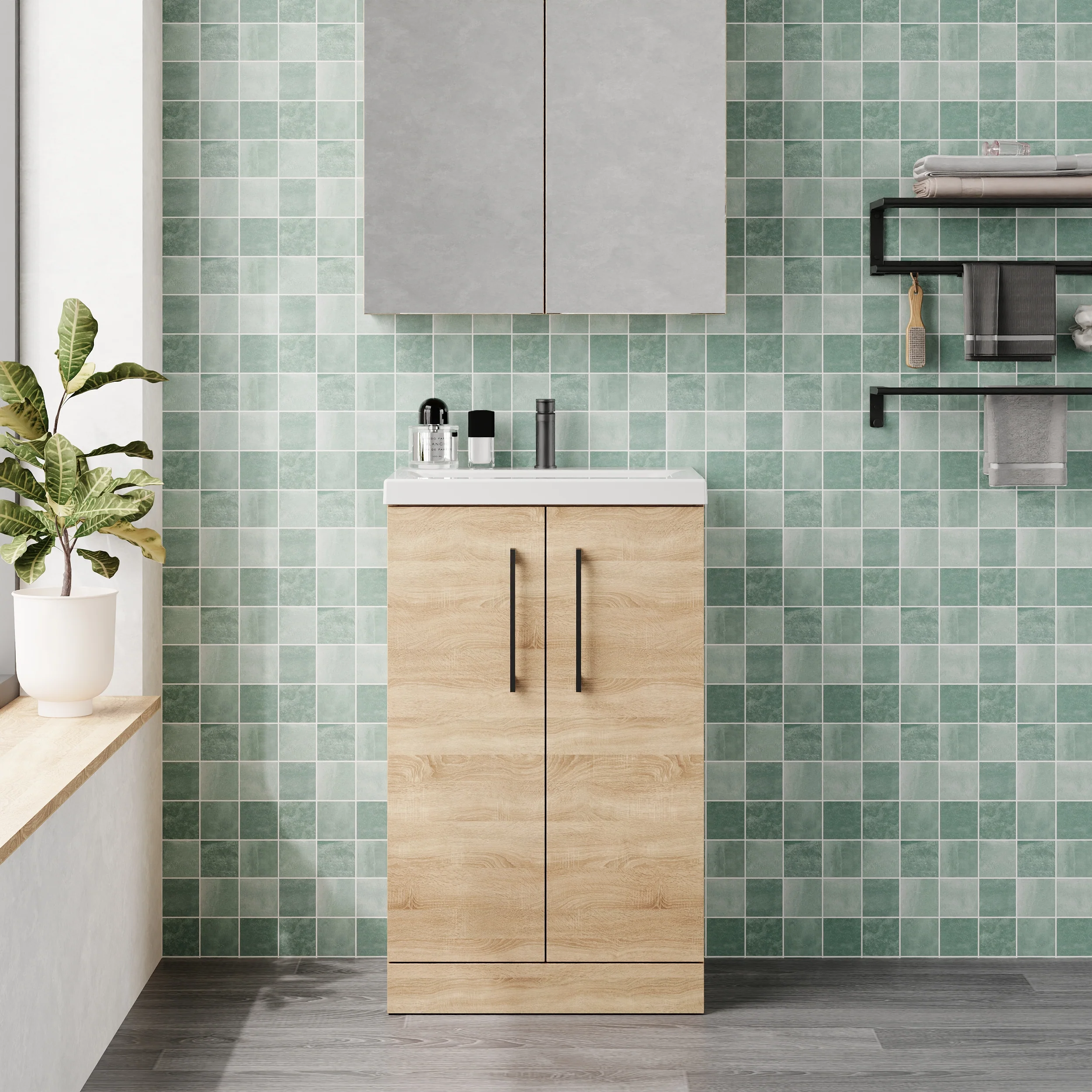 Ryker 500mm Floor Standing 2-Door Vanity & Basin 1 - Bleached Oak - Image 2