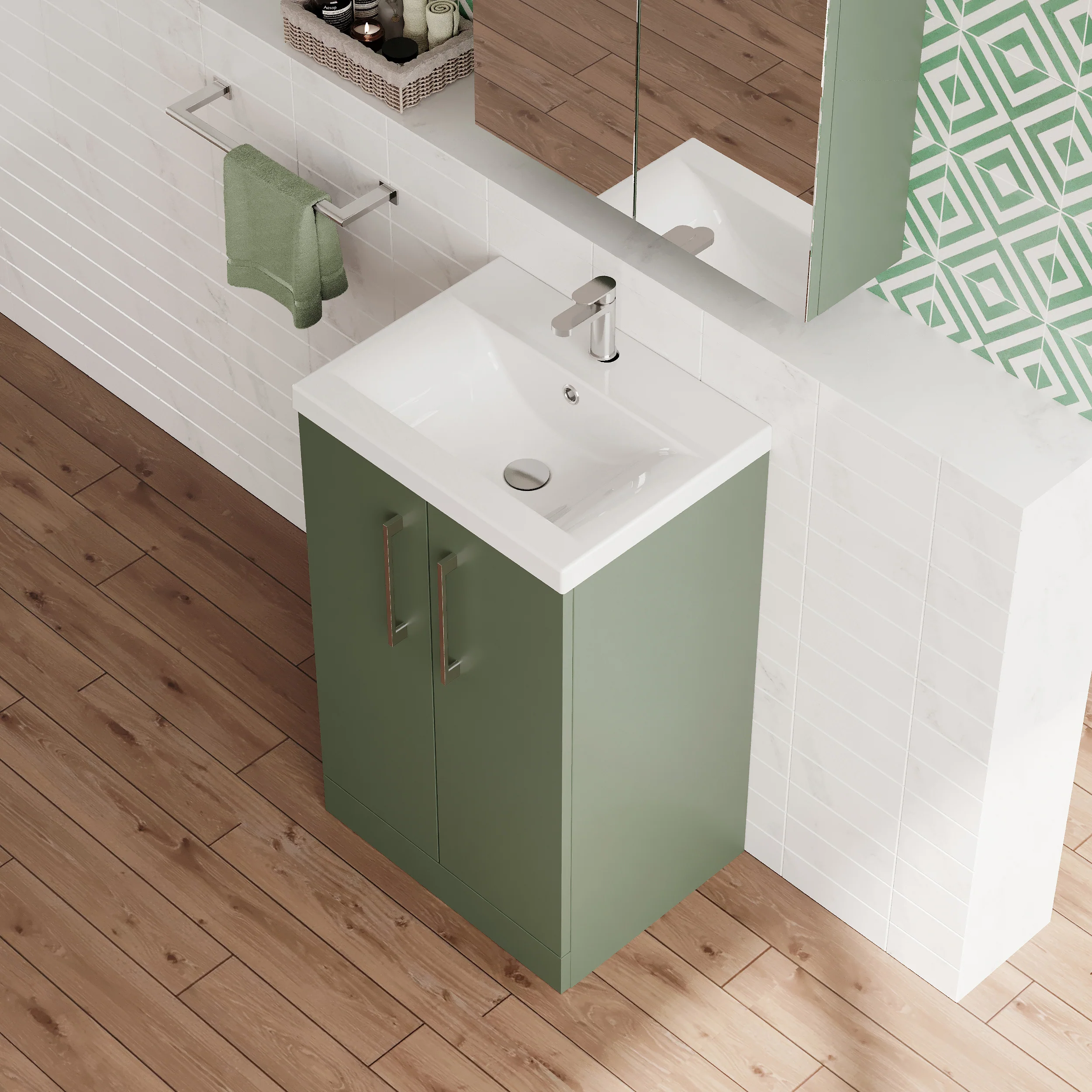Ryker 500mm Floor Standing 2-Door Vanity & Basin 1 - Satin Green - Image 4
