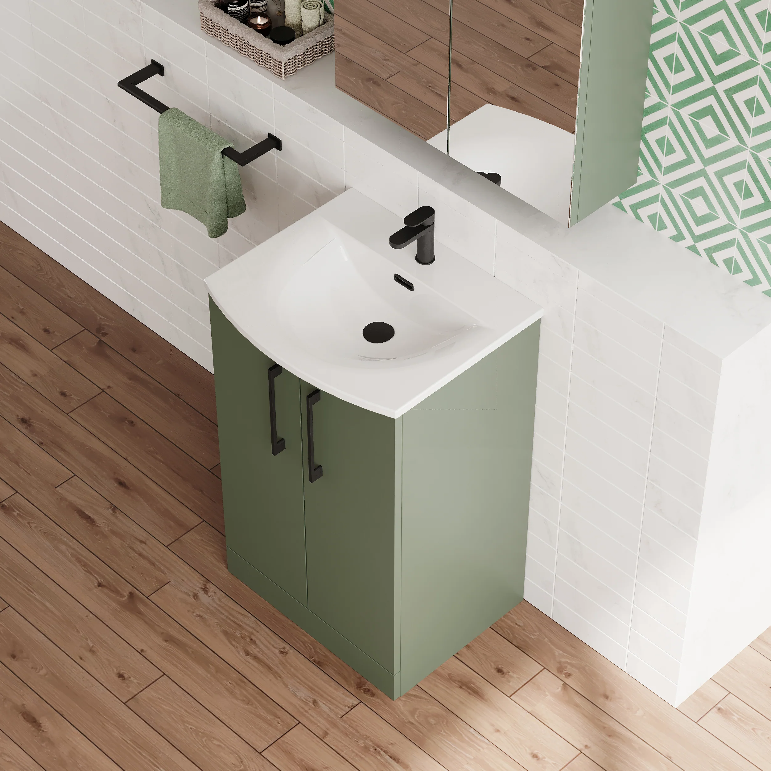 Braydon 500mm Floor Standing 2-Door Vanity & Curved Basin - Satin Green - Image 2