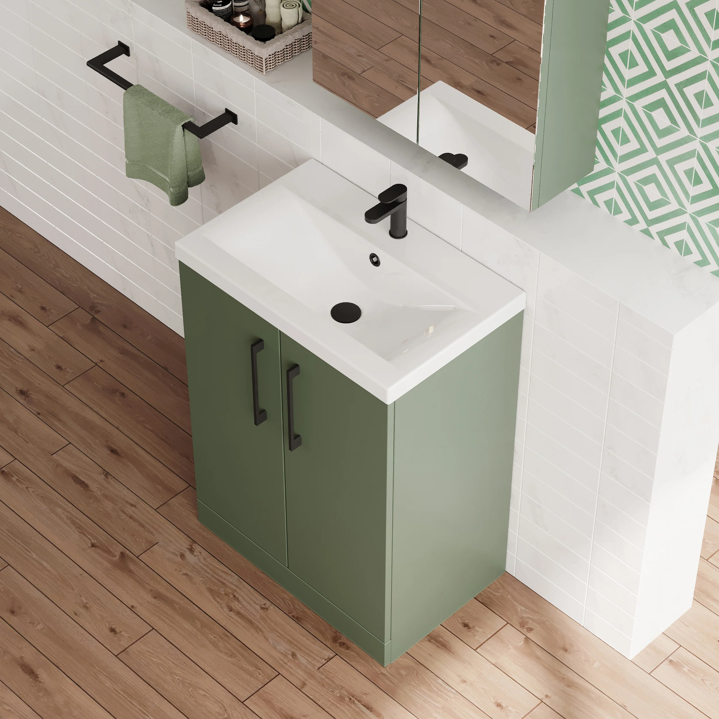 Ryker 600mm Floor Standing 2-Door Vanity & Basin - Satin Green - Image 5