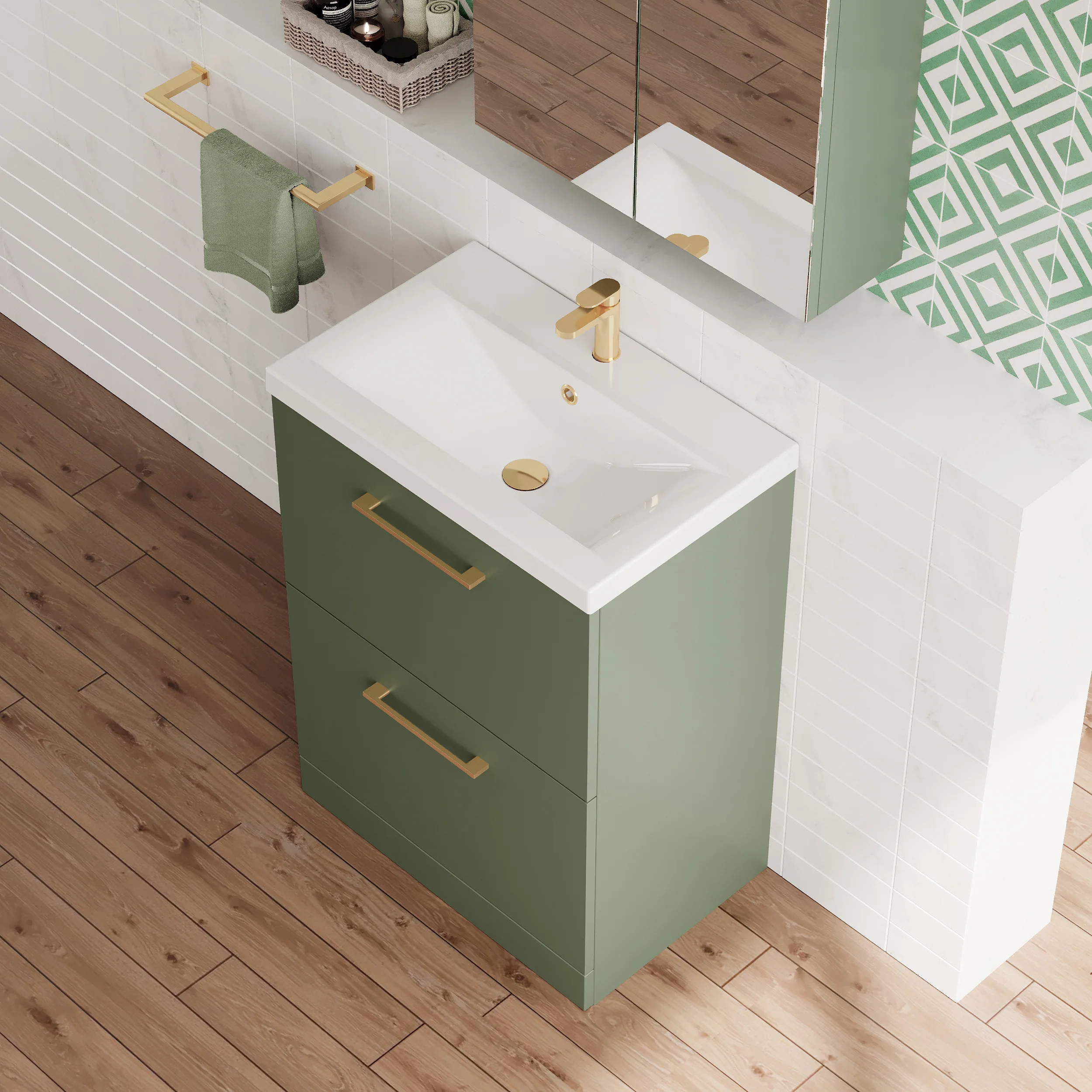 Ryker 600mm Floor Standing 2-Drawer Vanity & Basin - Satin Green - Image 6