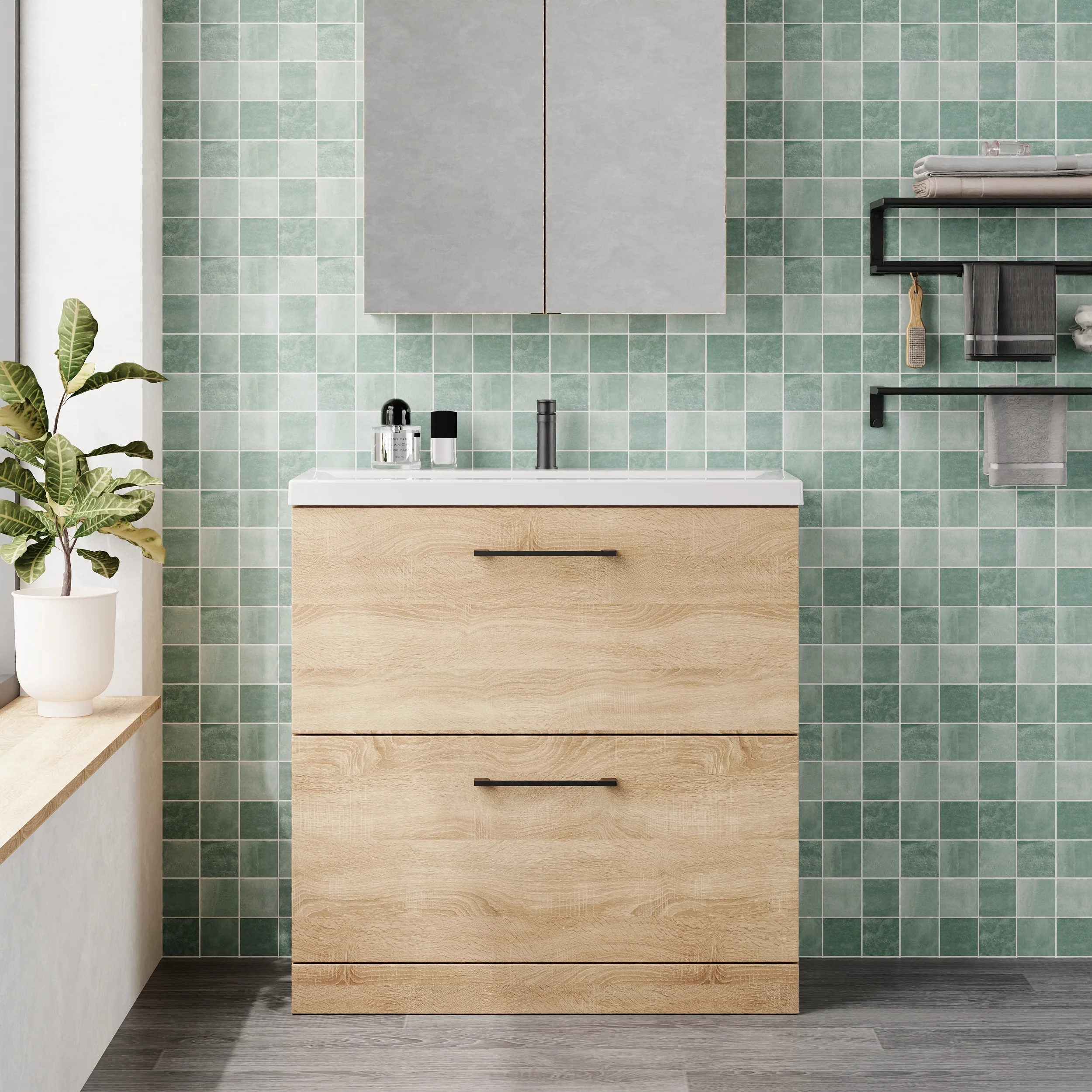 Ryker 800mm Floor Standing 2-Drawer Vanity & Basin 1 - Bleached Oak