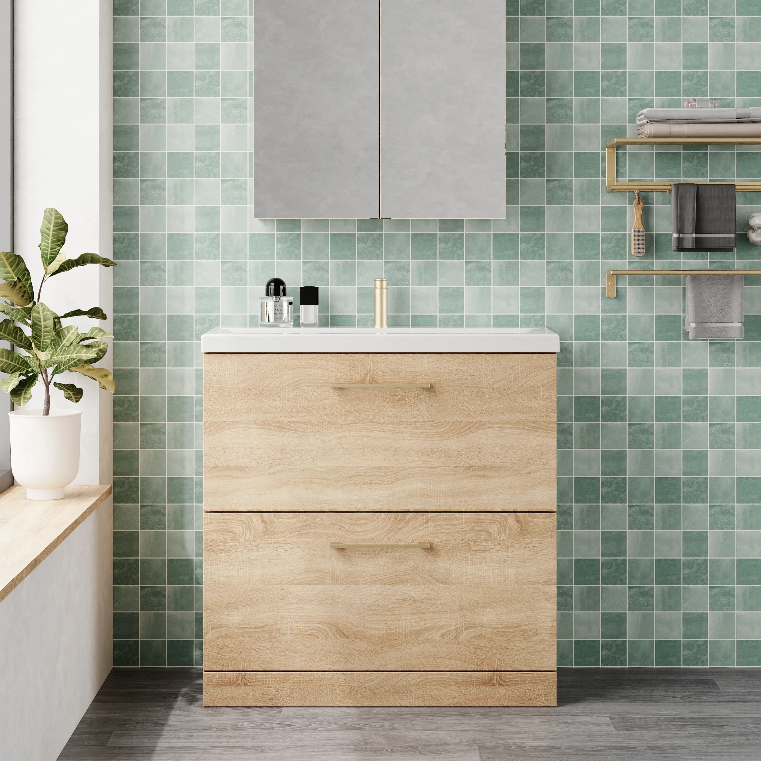 Ryker 800mm Floor Standing 2-Drawer Vanity & Basin 1 - Bleached Oak - Image 3