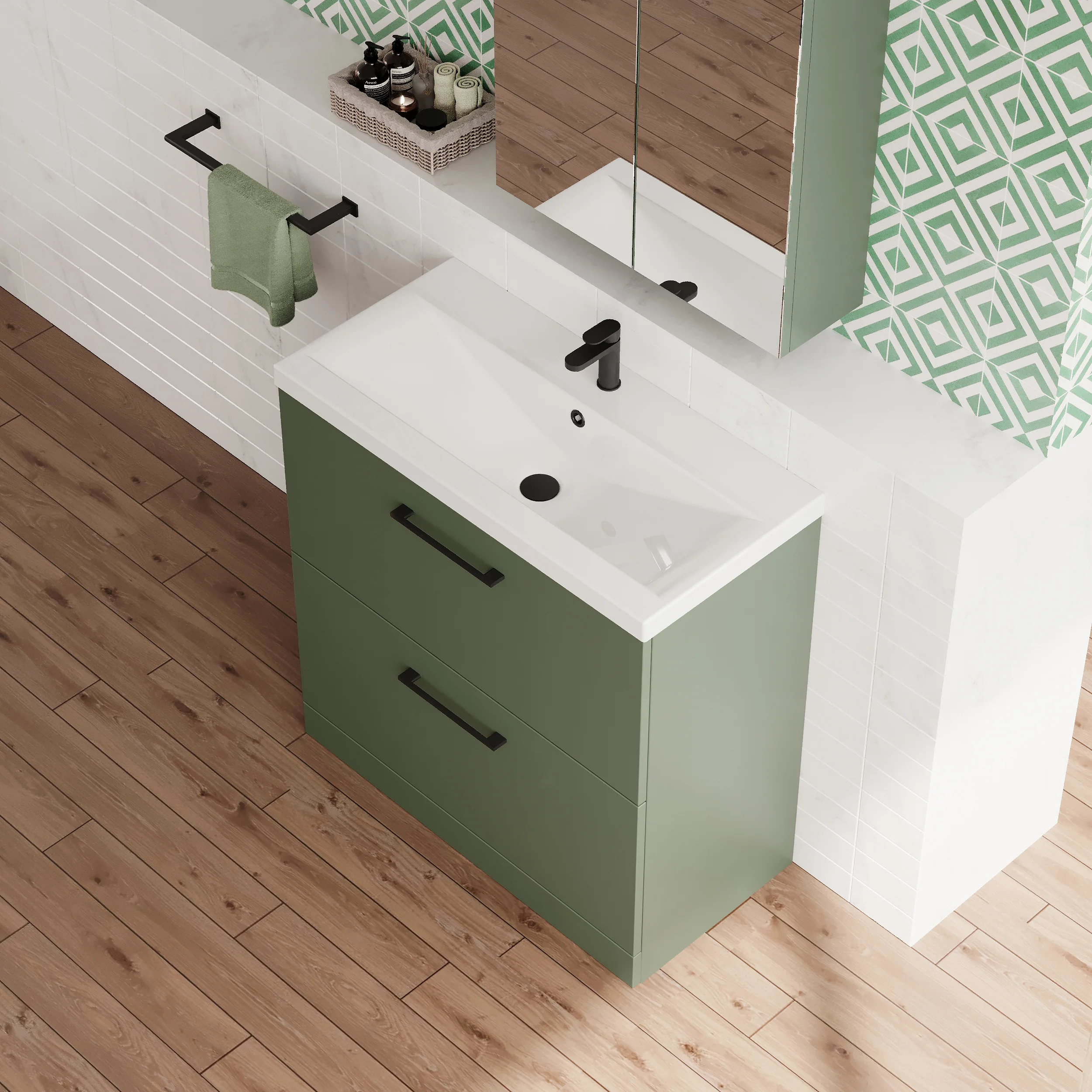 Ryker 800mm Floor Standing 2-Drawer Vanity & Basin 1 - Satin Green - Image 4