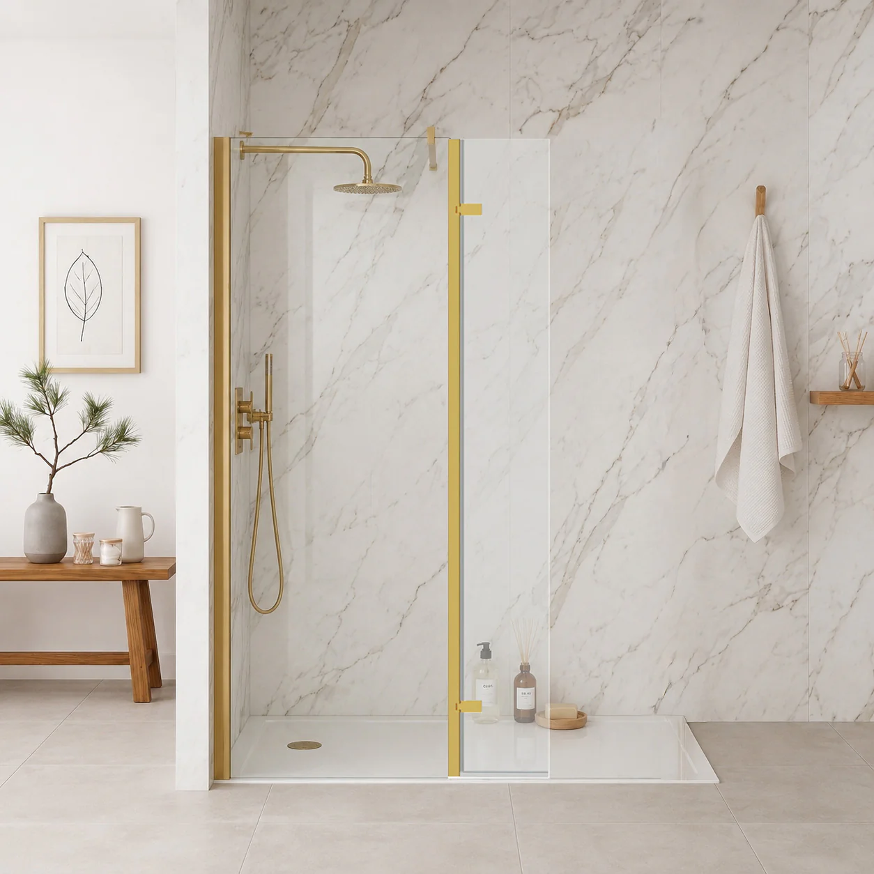 SDG Alumen Brushed Brass Enclosure with Walk-in Shower Tray - 1700x700 (Front Waste Position) - Image 3