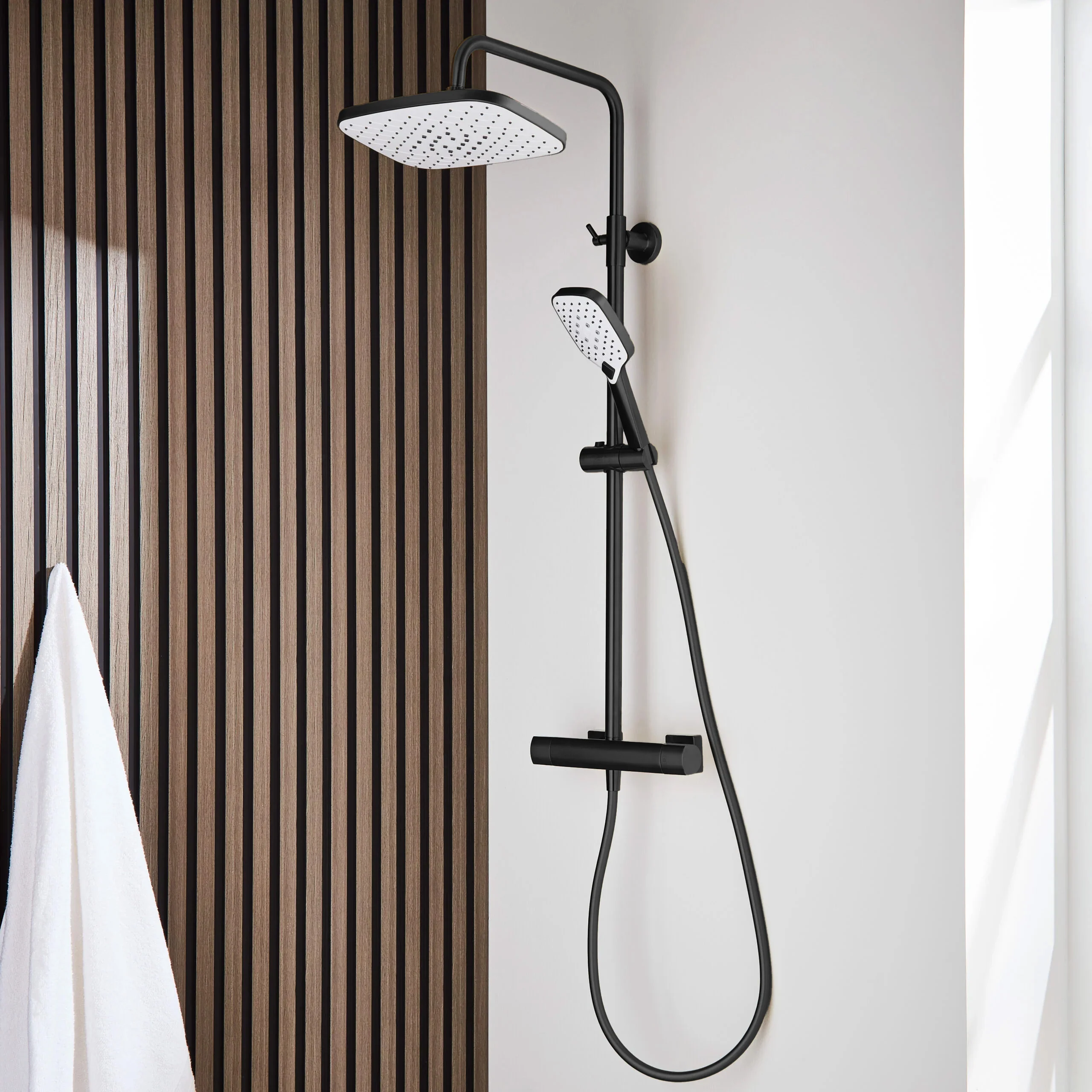 SDG SUPREME Exposed Thermostatic Bar Shower with Rigid Riser, Overhead Drencher Rose & Adjustable Handset - Black