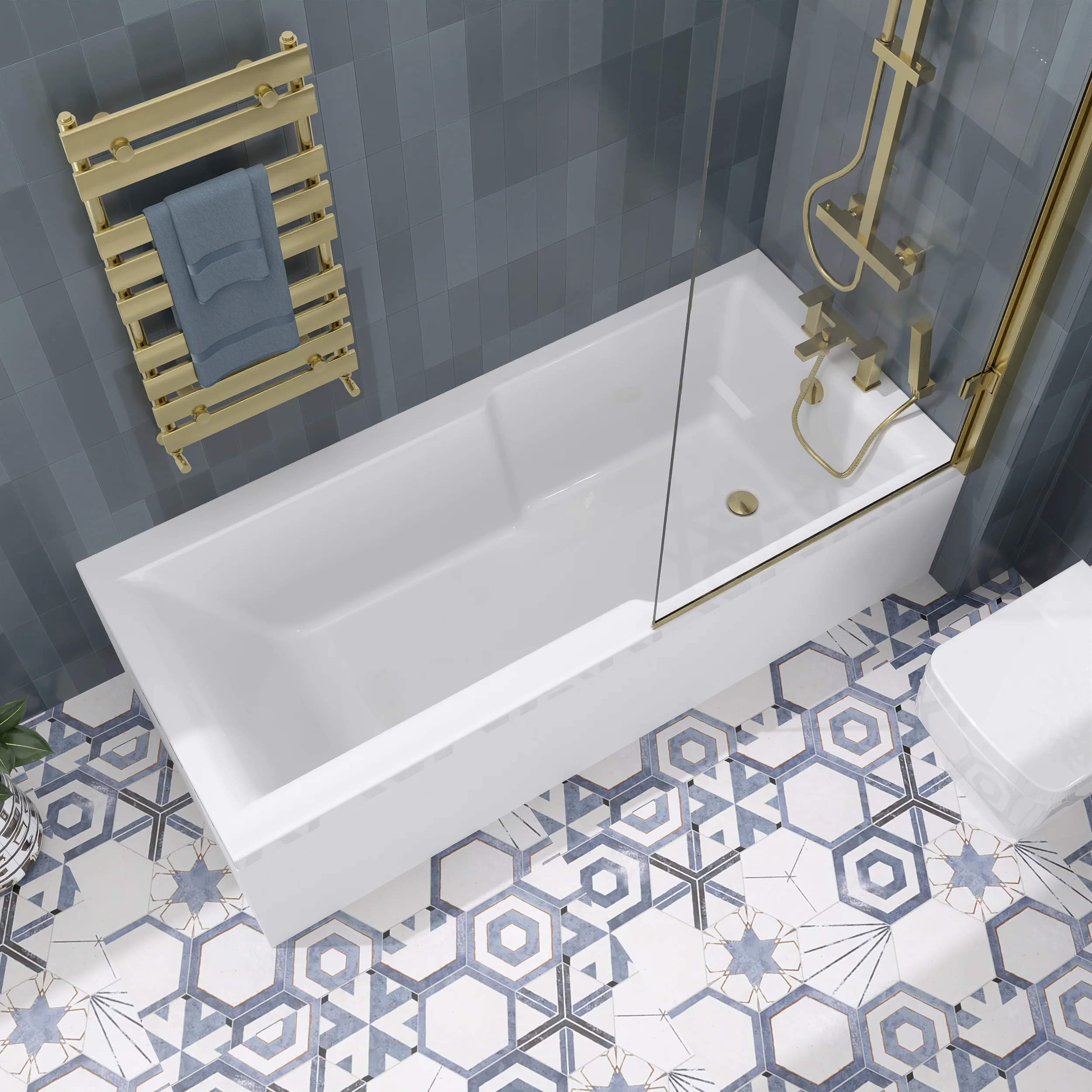 Serene Shower Straight 1700 x 750 Bathroom Suite C/.W Semi Pedestal 8mm Square Screen - Brushed Brass - Image 3