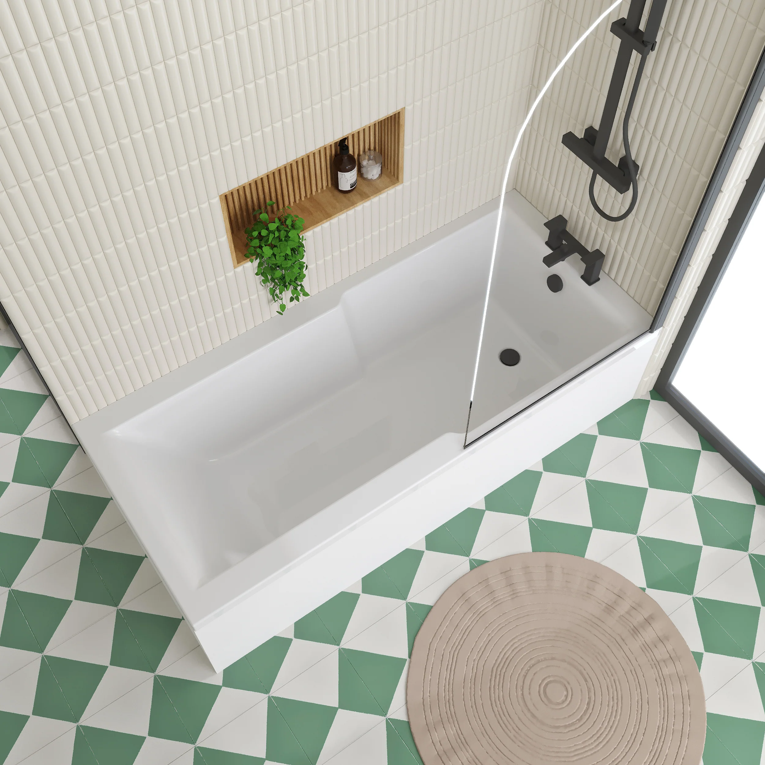 Shower Straight 1700 x 750 Bath with Black Curved Bath Screen