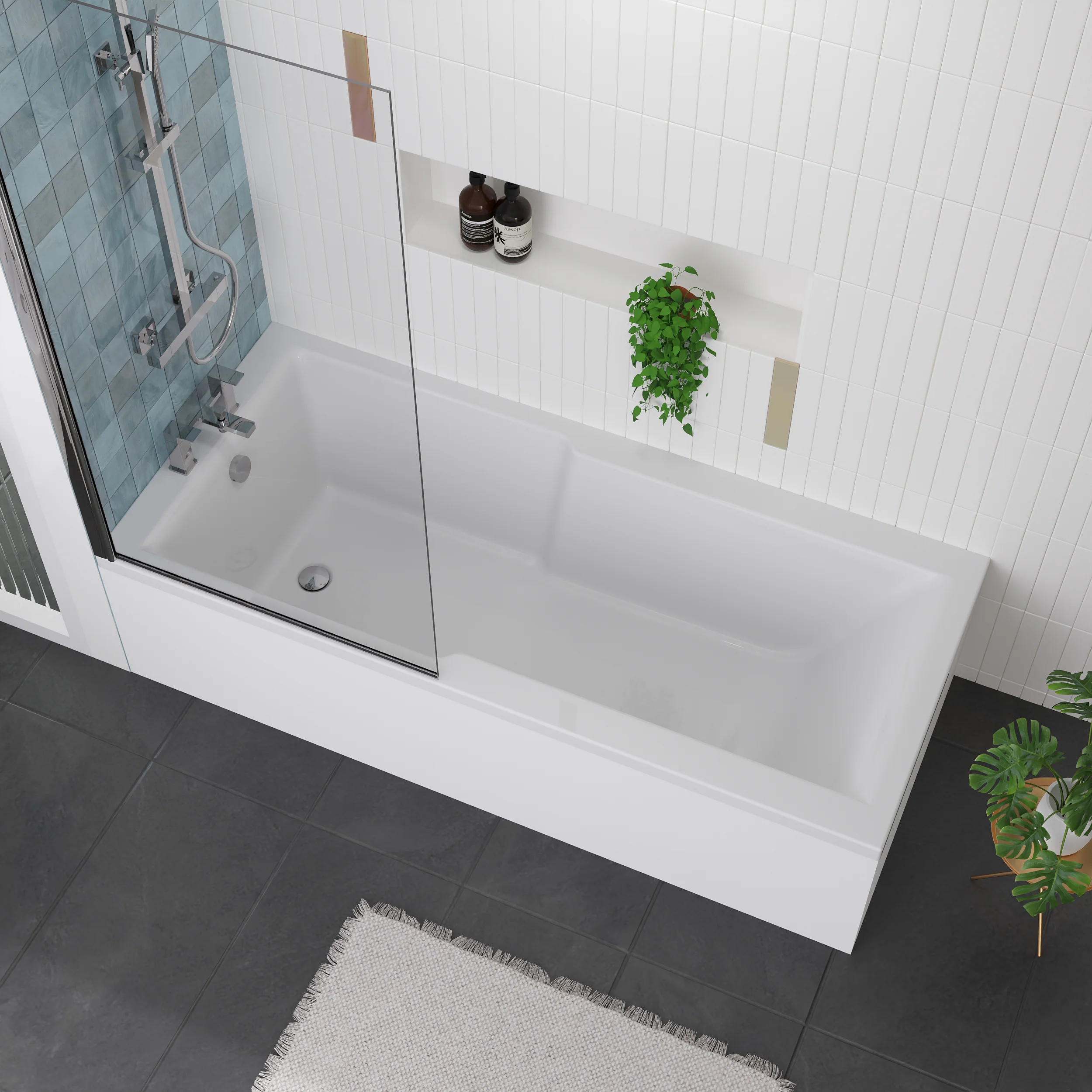 Shower Straight 1700 x 750 Bath with Chrome Square Hinged 6mm Bath Screen