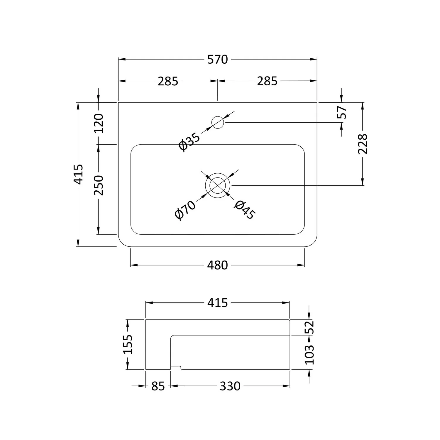 Square Semi Recessed Basin 570mm Wide - Image 4