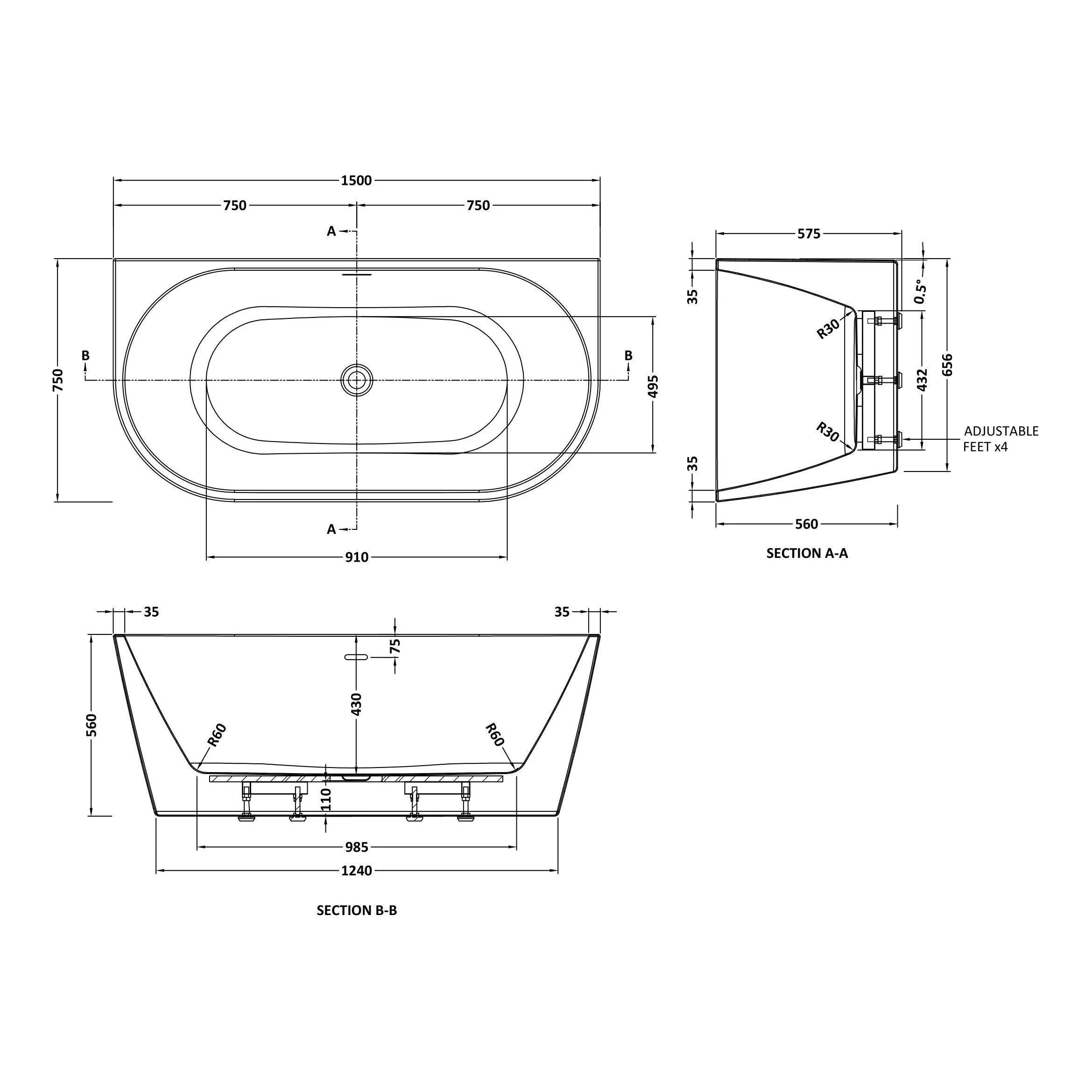 Stow 1500 Back To Wall SUPER DEEP Freestanding Bath - Image 3