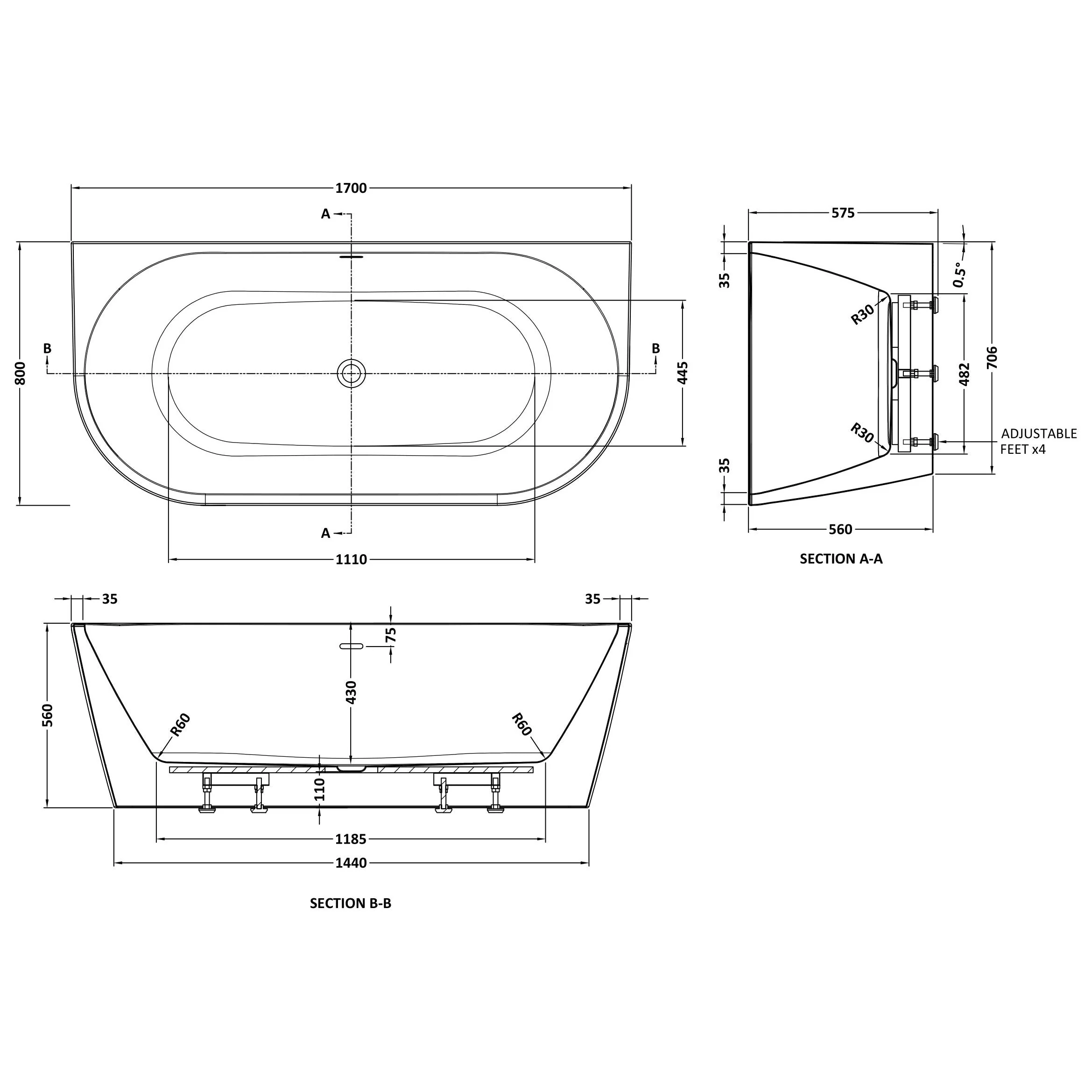 Stow 1700 Back To Wall SUPER DEEP Freestanding Bath - Image 3
